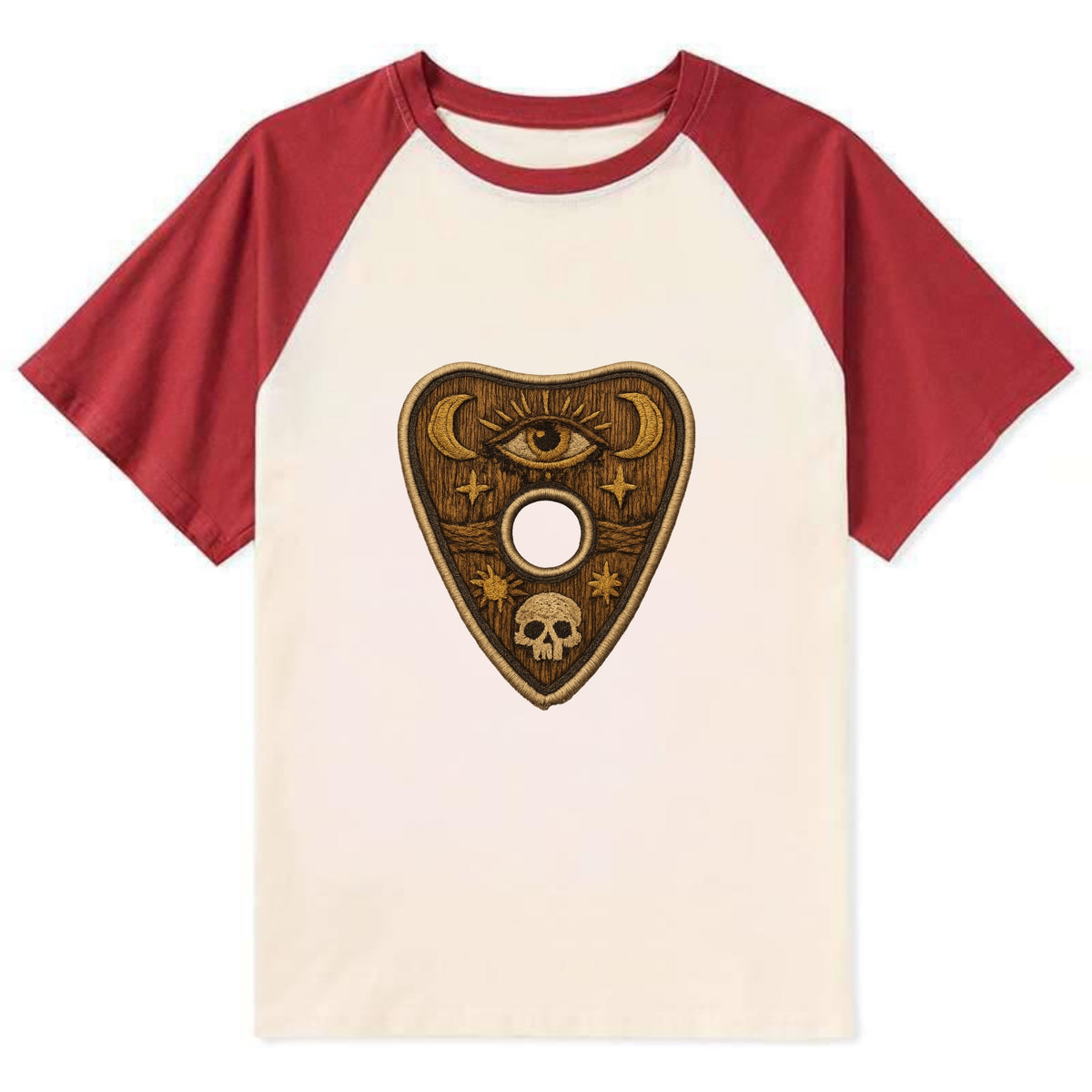 OUIJA PLANCHETTE - spirit board pointer in wood and gold , seance - Contrast Raglan T-shirt - Red