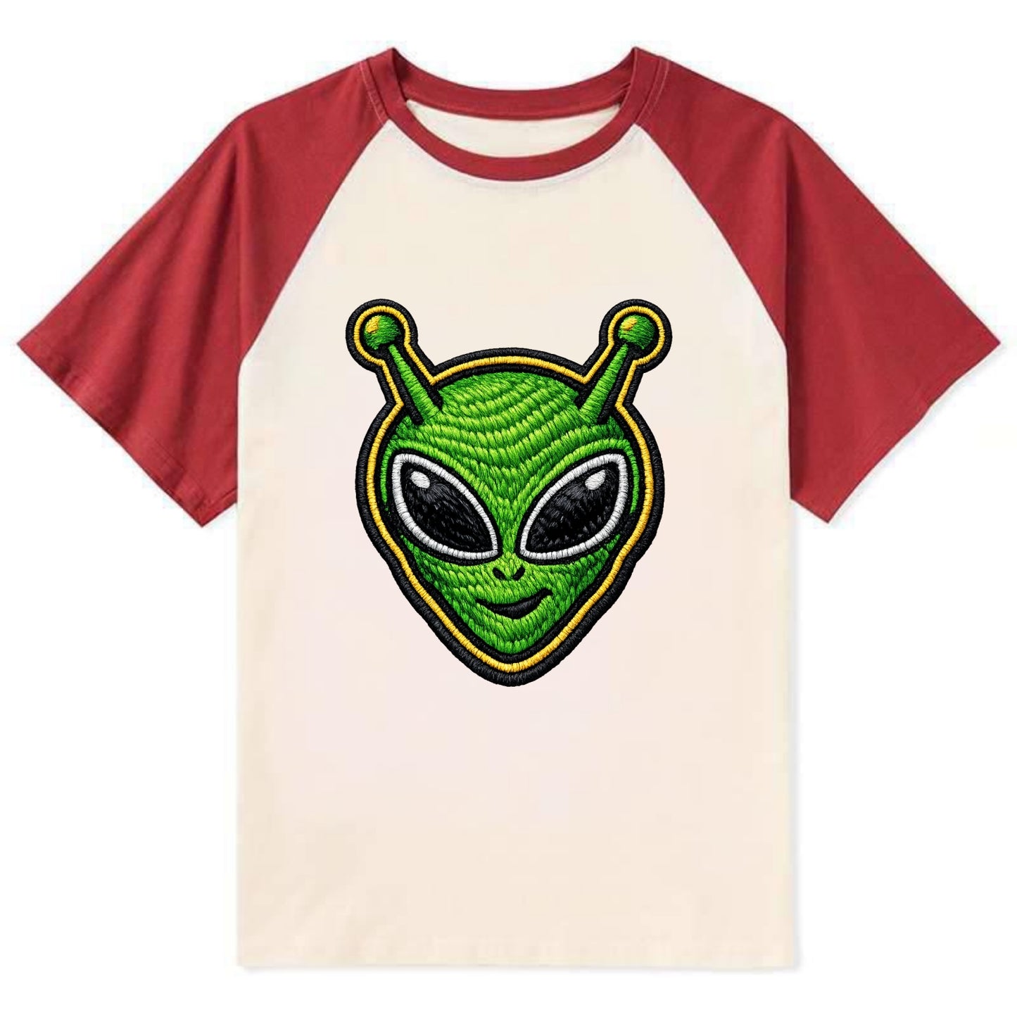 ALIEN MARTIAN - green alien with antenna in green , little green man - Contrast Raglan T-shirt - Red