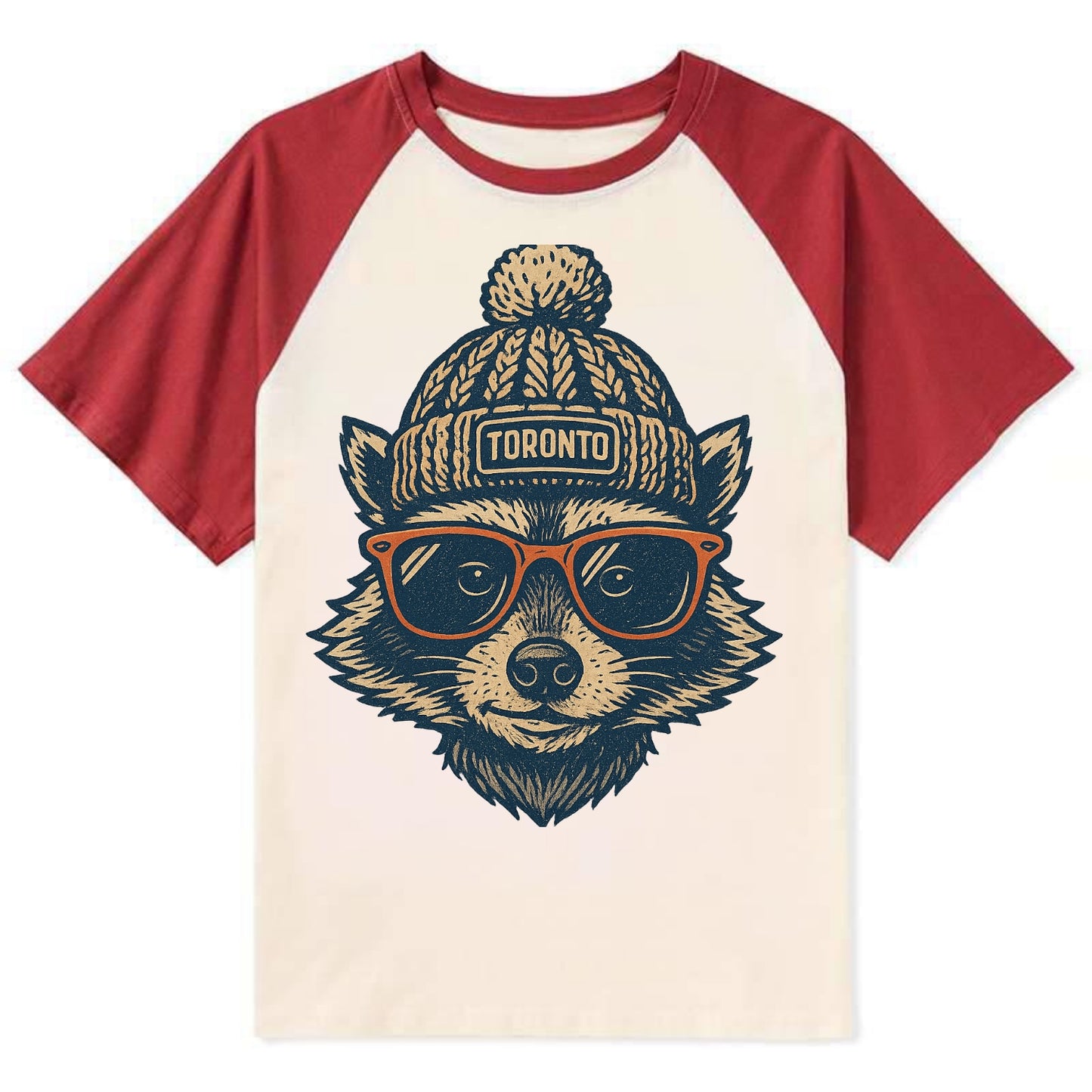 Toronto Raccoon wearing Toronto beanie w - Contrast Raglan T-shirt - Red