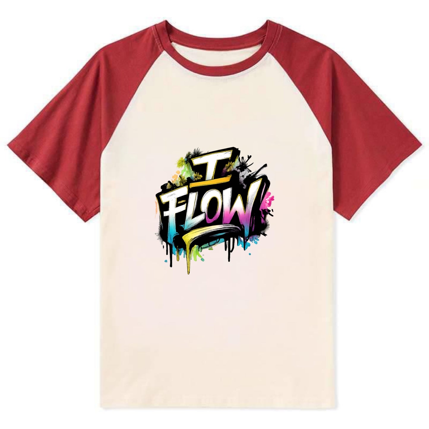 Bold typography design - "I FLOW" - going with life, easy movement - Contrast Raglan T-shirt - Red