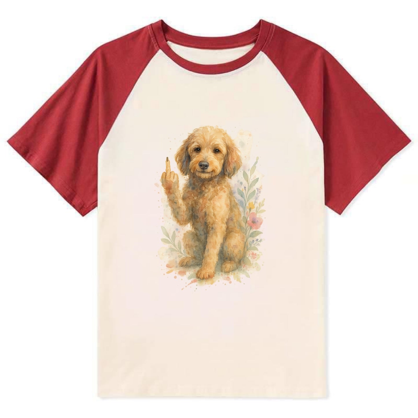 Labradoodle hypoallergenic with wavy coat, intelligent eyes, paw raised - Contrast Raglan T-shirt - Red