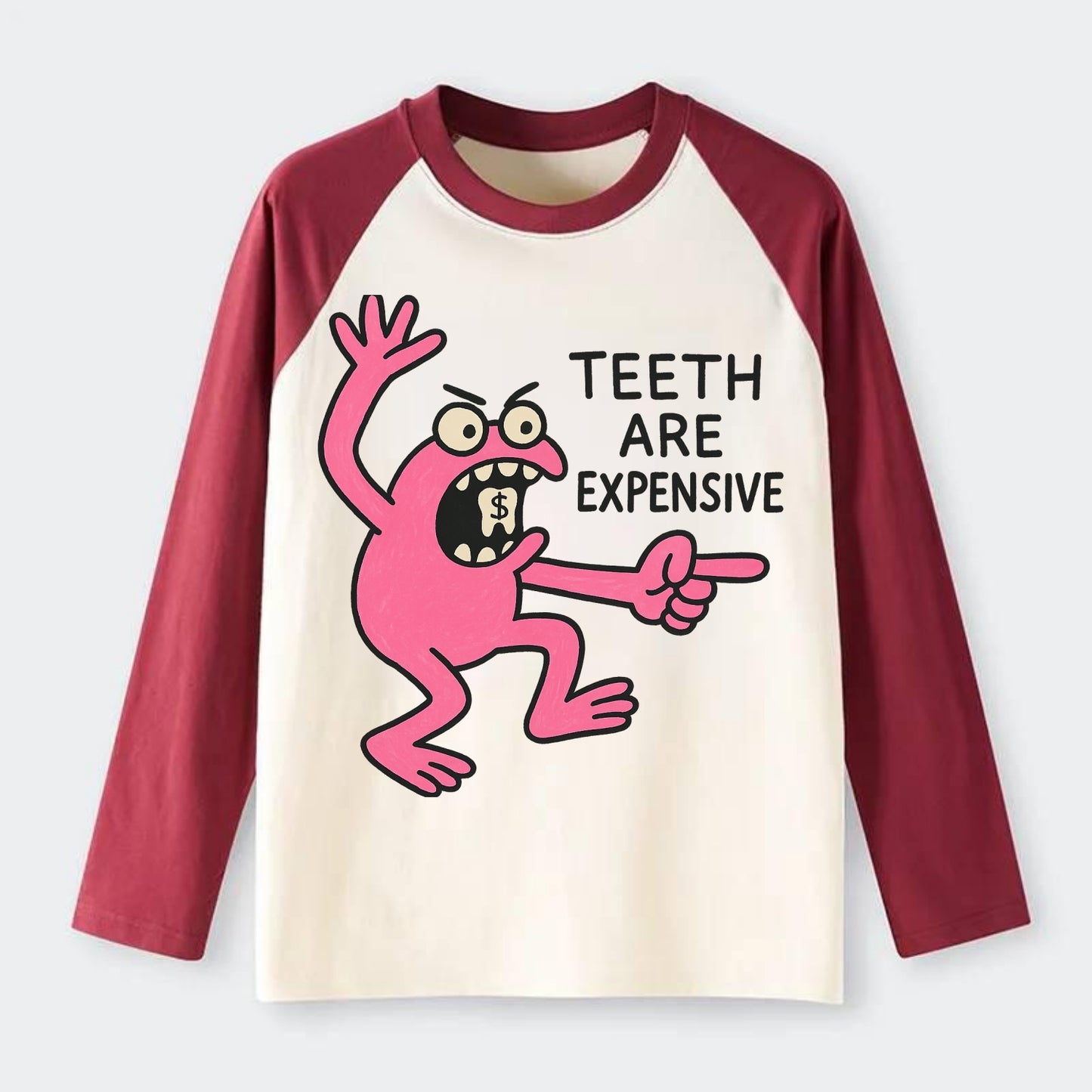 TEETH ARE EXPENSIVE | Dollar sign molar - Raglan Long Sleeve T-Shirt - Red