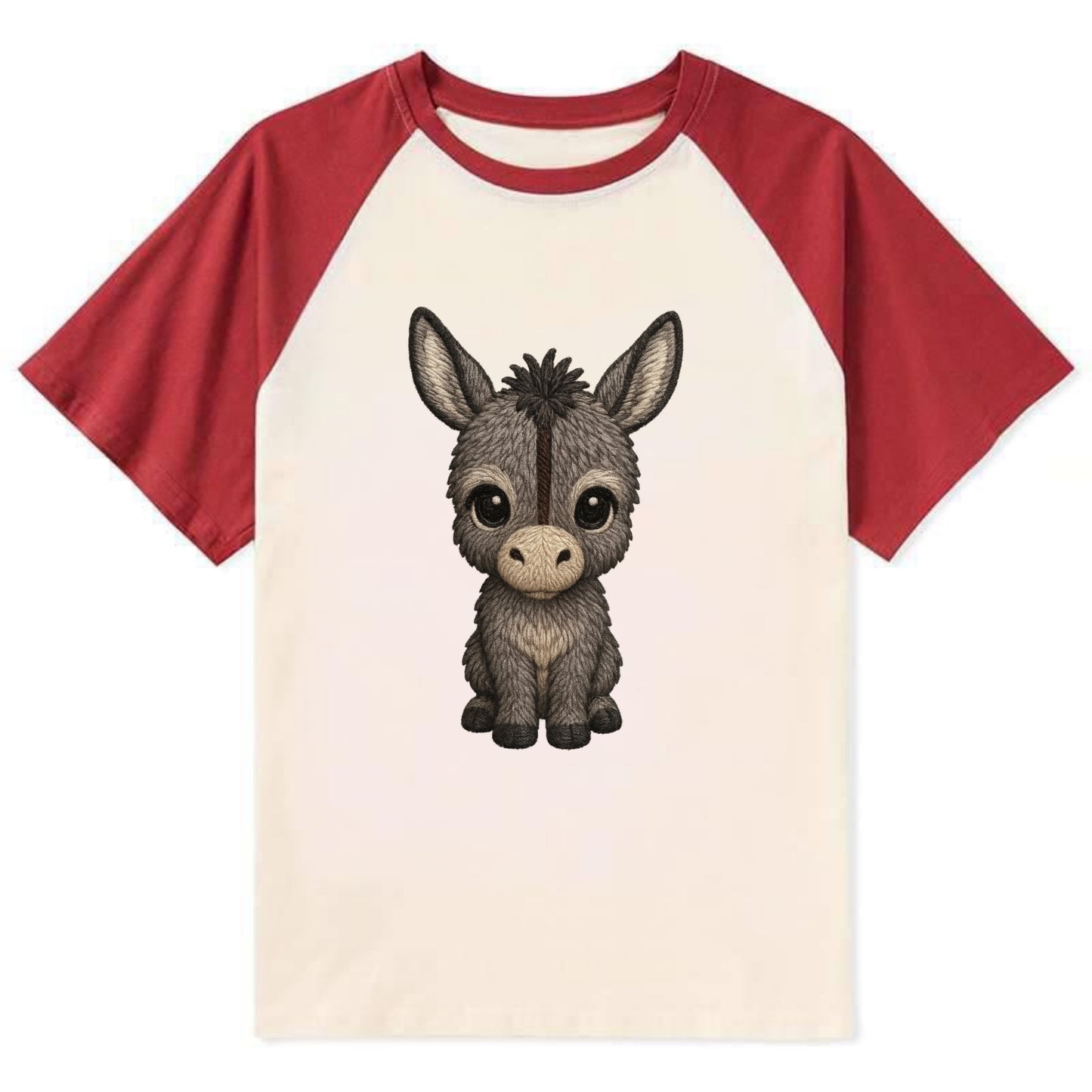 Baby Donkey Foal - gray fluffy, long ears, dark stripe, gentle eyes, - Contrast Raglan T-shirt - Red
