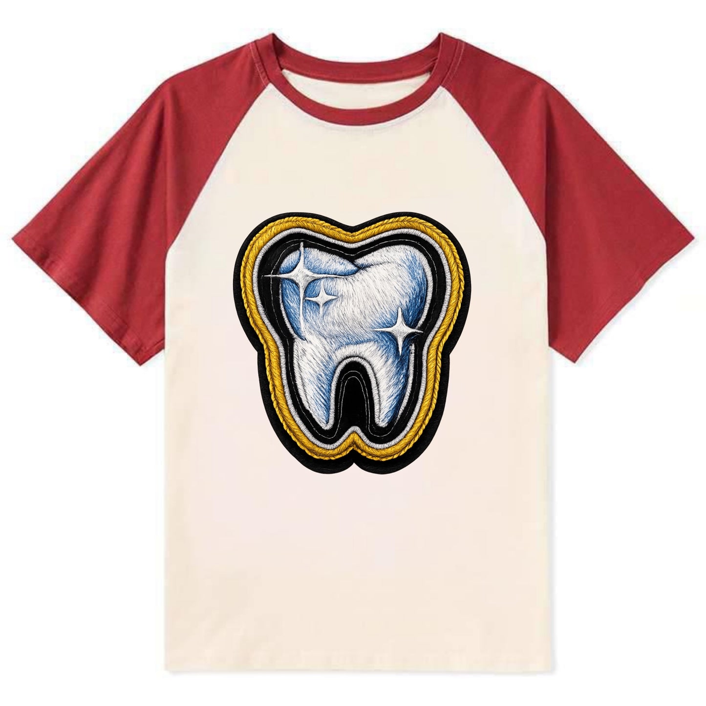 DENTAL TOOTH - molar with sparkle in white and blue , dentist - Contrast Raglan T-shirt - Red