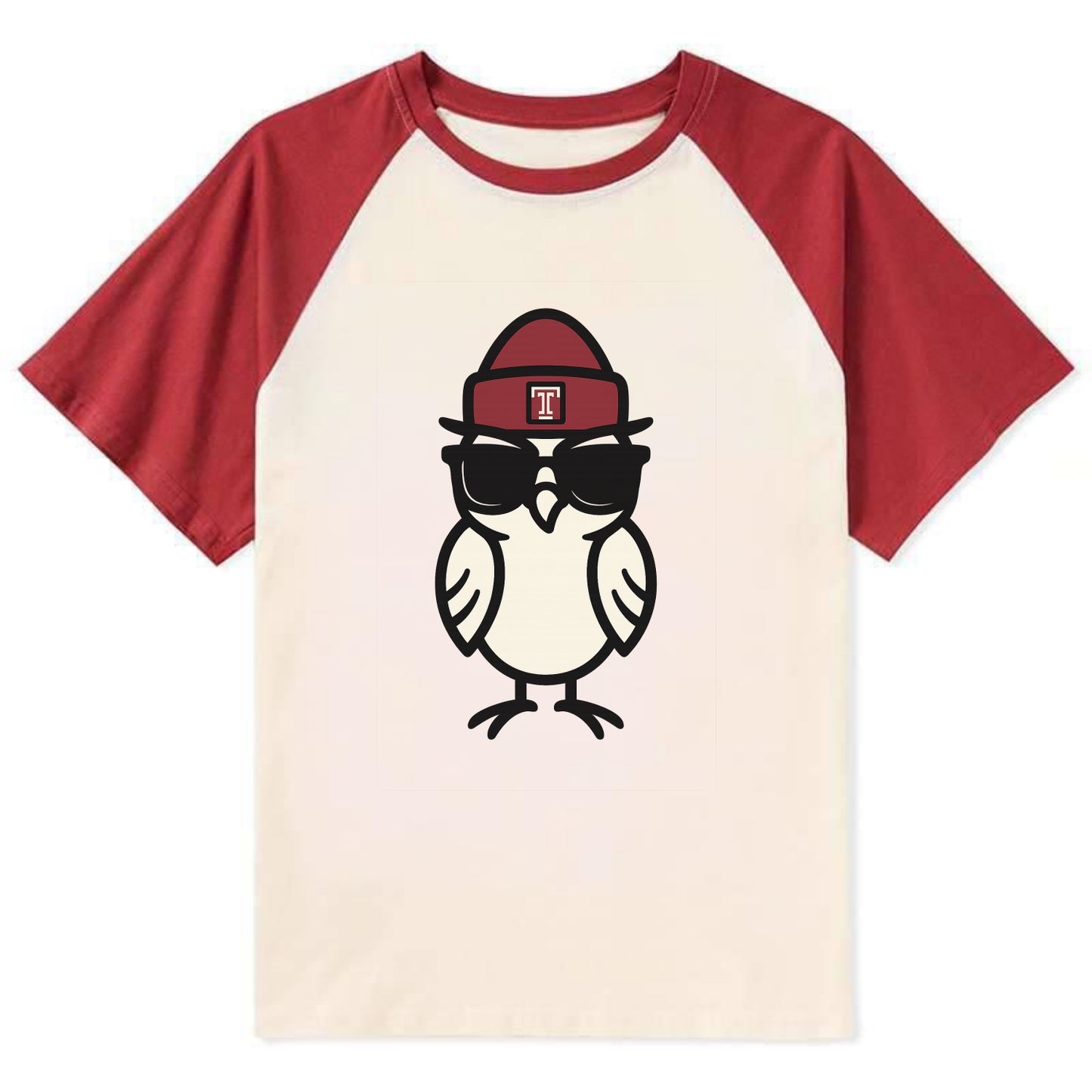Philadelphia Owl wearing Temple beanie with T patch - Contrast Raglan T-shirt - Red