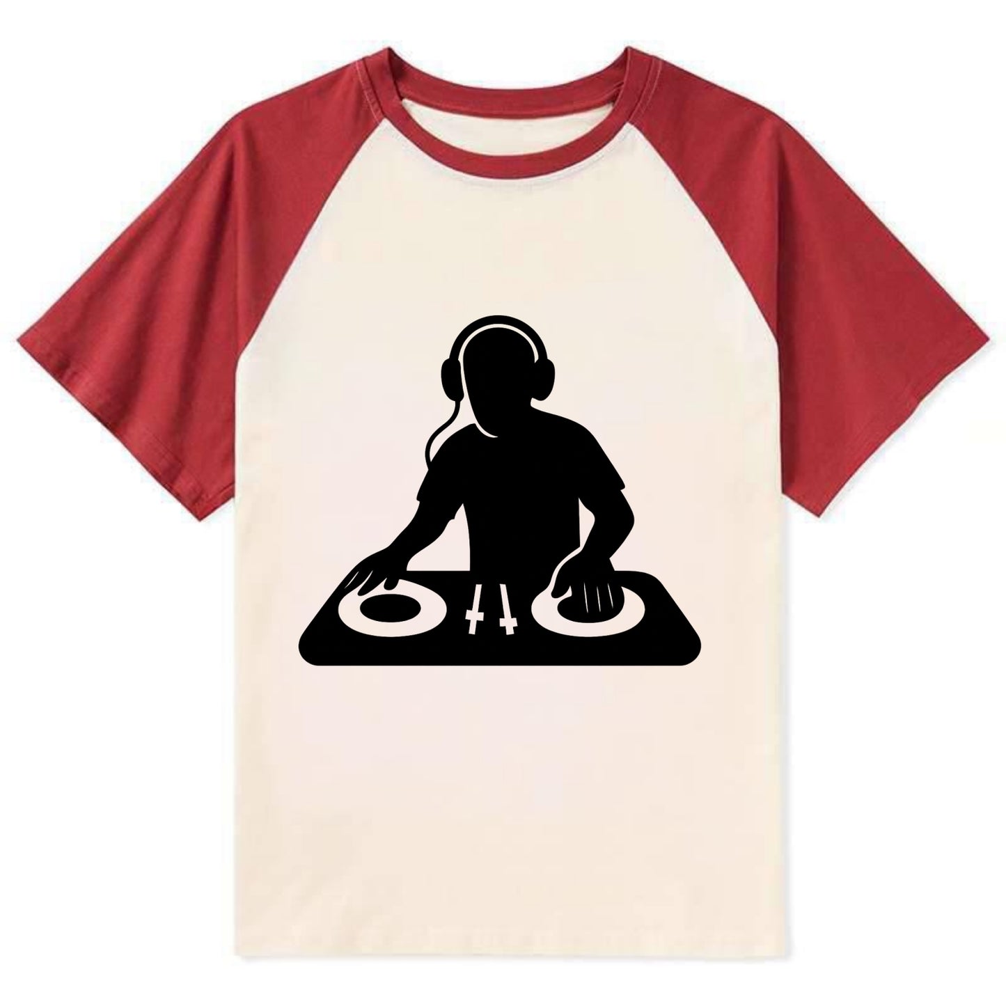 DJ with turntables and headphones - Contrast Raglan T-shirt - Red