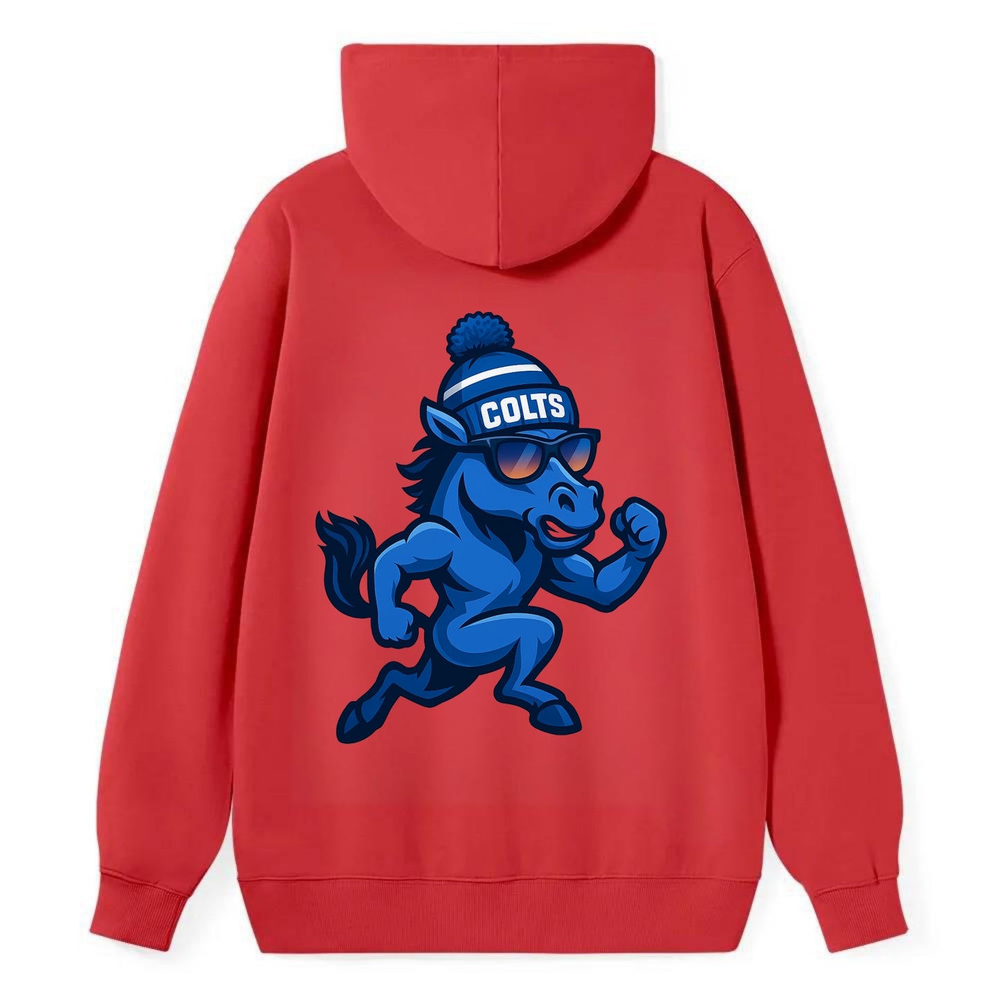 Indianapolis Colt Horse wearing Colts blue and white beanie with pom pom - Classic Pullover Hoodie - Red