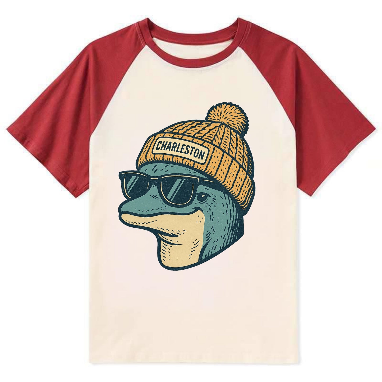 Charleston Dolphin wearing Charleston beanie with pom pom and wayfarer - Contrast Raglan T-shirt - Red