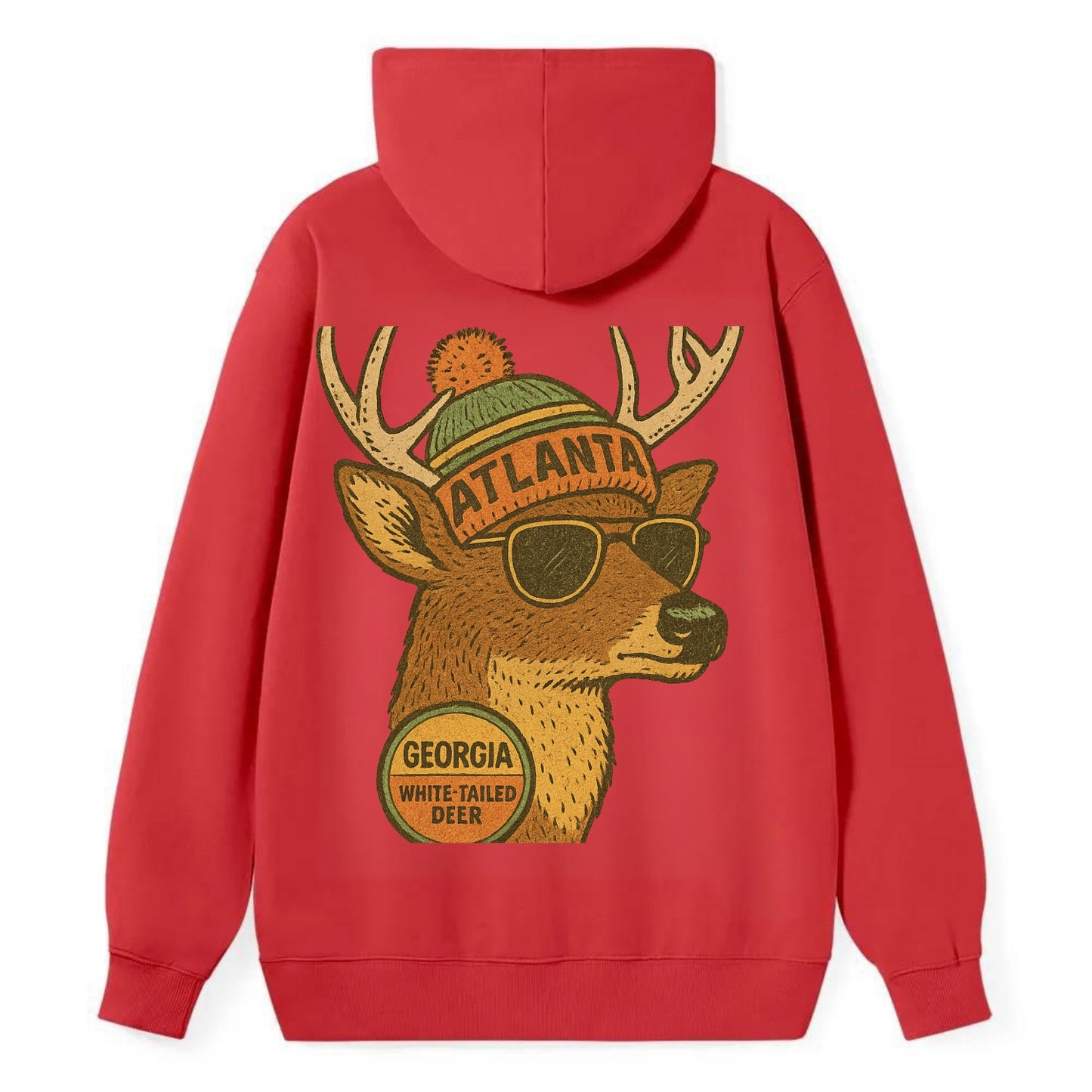 Georgia White-tailed Deer wearing Atlanta beanie with pom pom and - Classic Pullover Hoodie - Red
