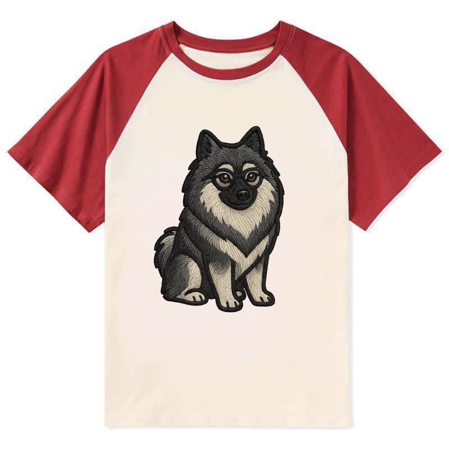 Keeshond - Gray and black spectacles embroidered design - Contrast Raglan T-shirt - Red