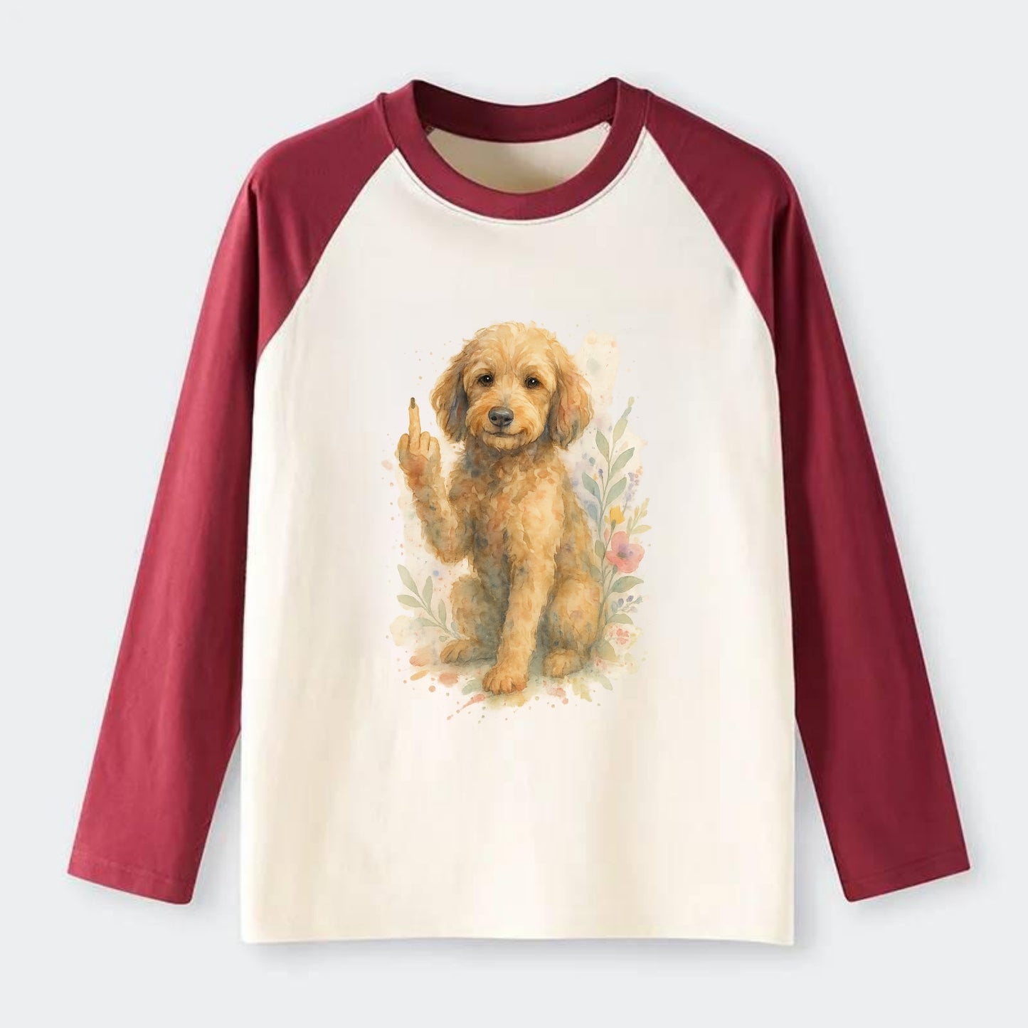 Labradoodle hypoallergenic with wavy coat, intelligent eyes, paw raised - Raglan Long Sleeve T-Shirt - Red