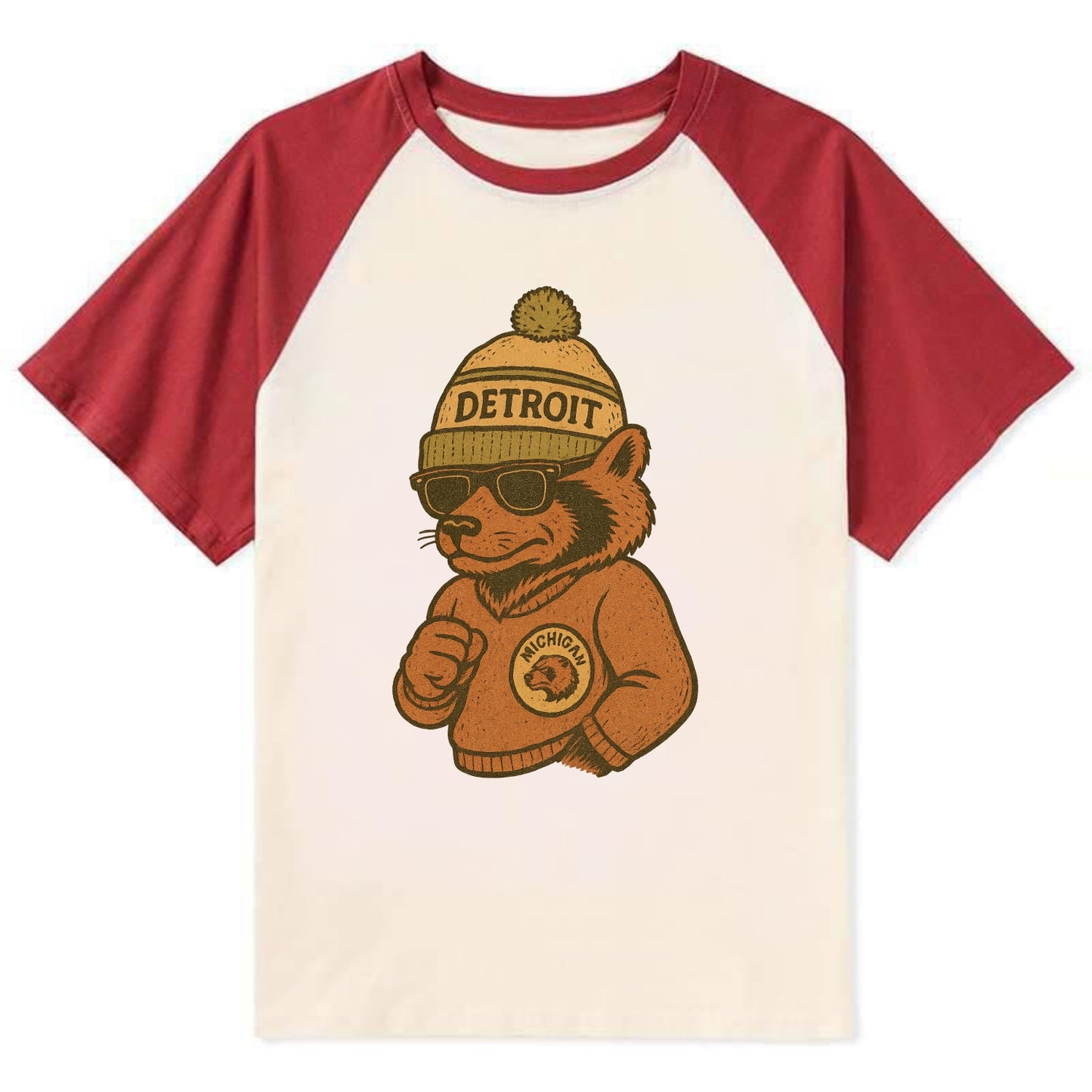 Michigan Wolverine wearing Detroit beanie with pom pom and wayfarer - Contrast Raglan T-shirt - Red