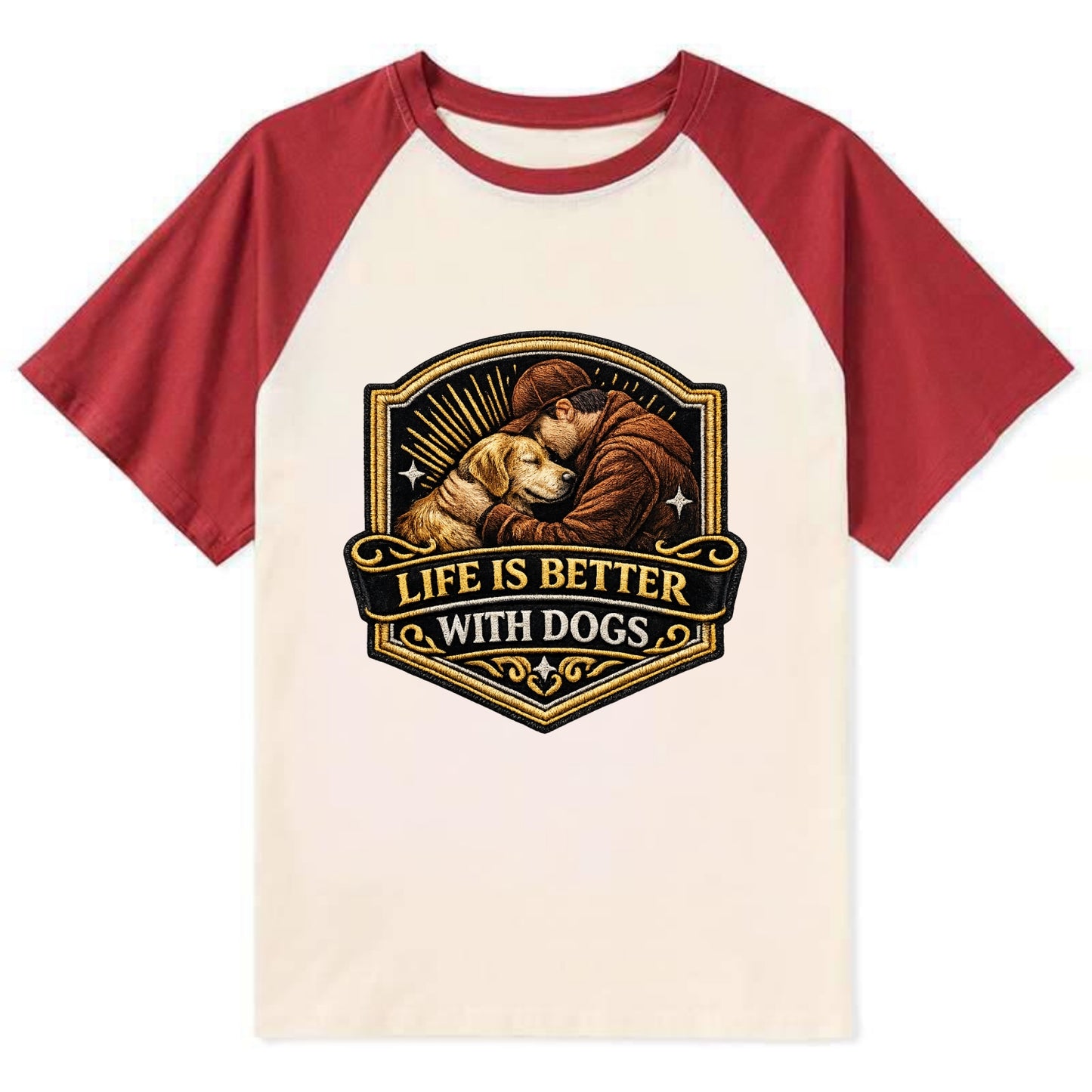 LIFE IS BETTER WITH DOGS - dog and human in brown , dog lover - Contrast Raglan T-shirt - Red