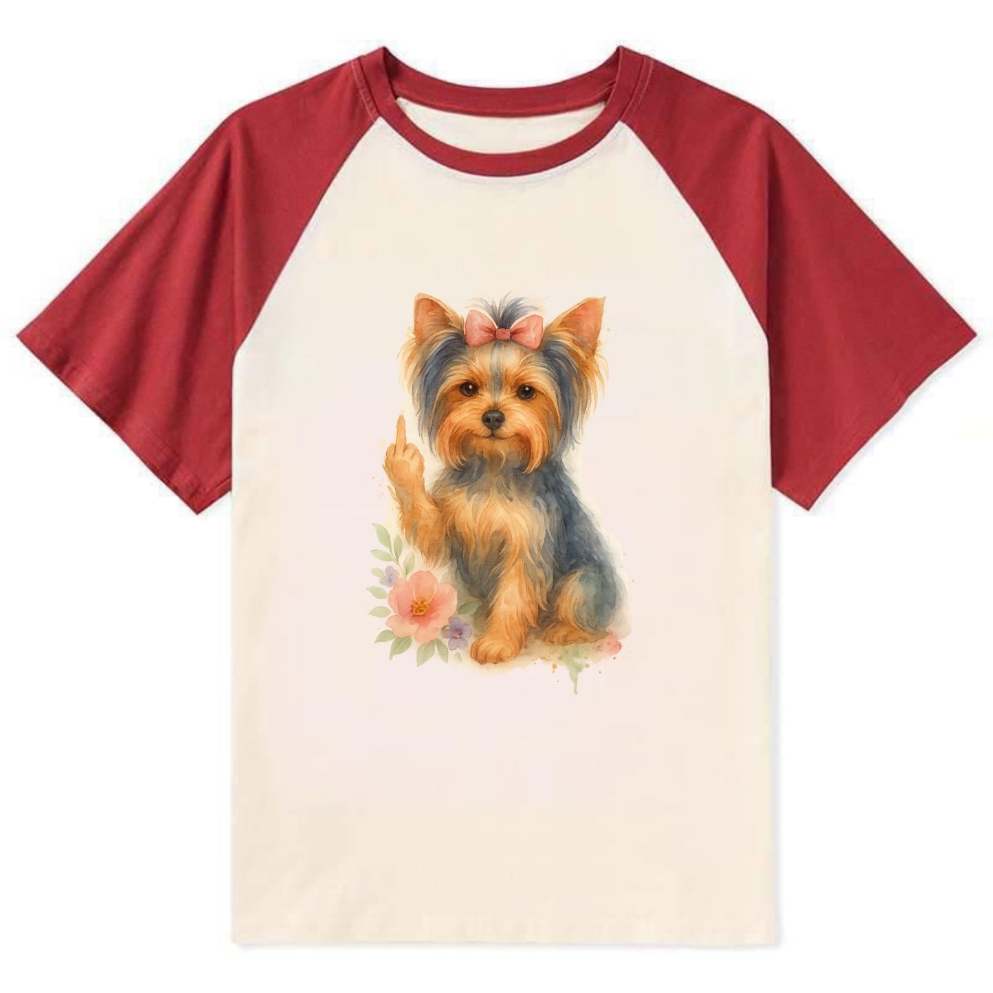 Yorkshire Terrier with topknot bow, one delicate paw flipping off - Contrast Raglan T-shirt - Red