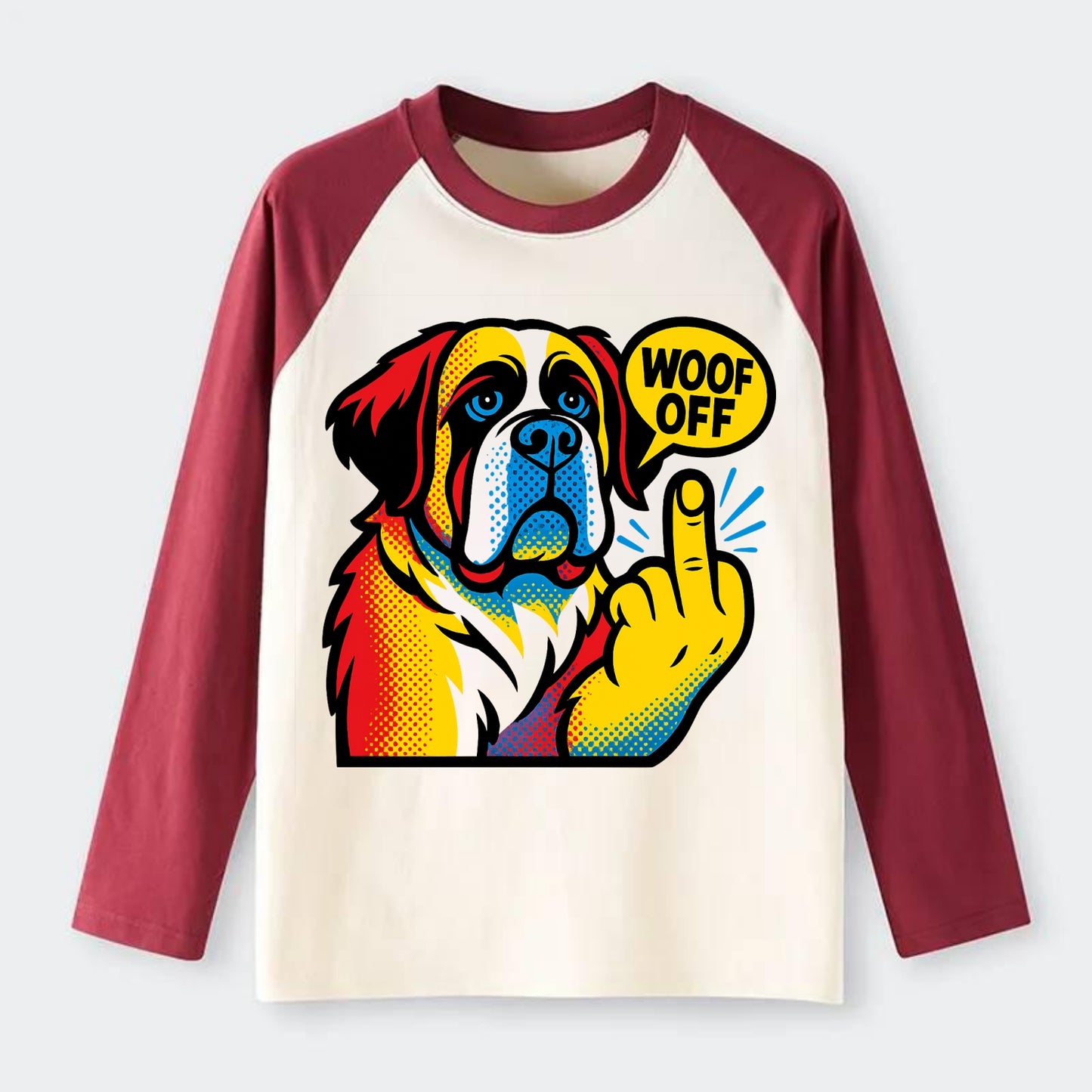 Saint Bernard with gentle giant face and droopy jowls, huge paw raised - Raglan Long Sleeve T-Shirt - Red