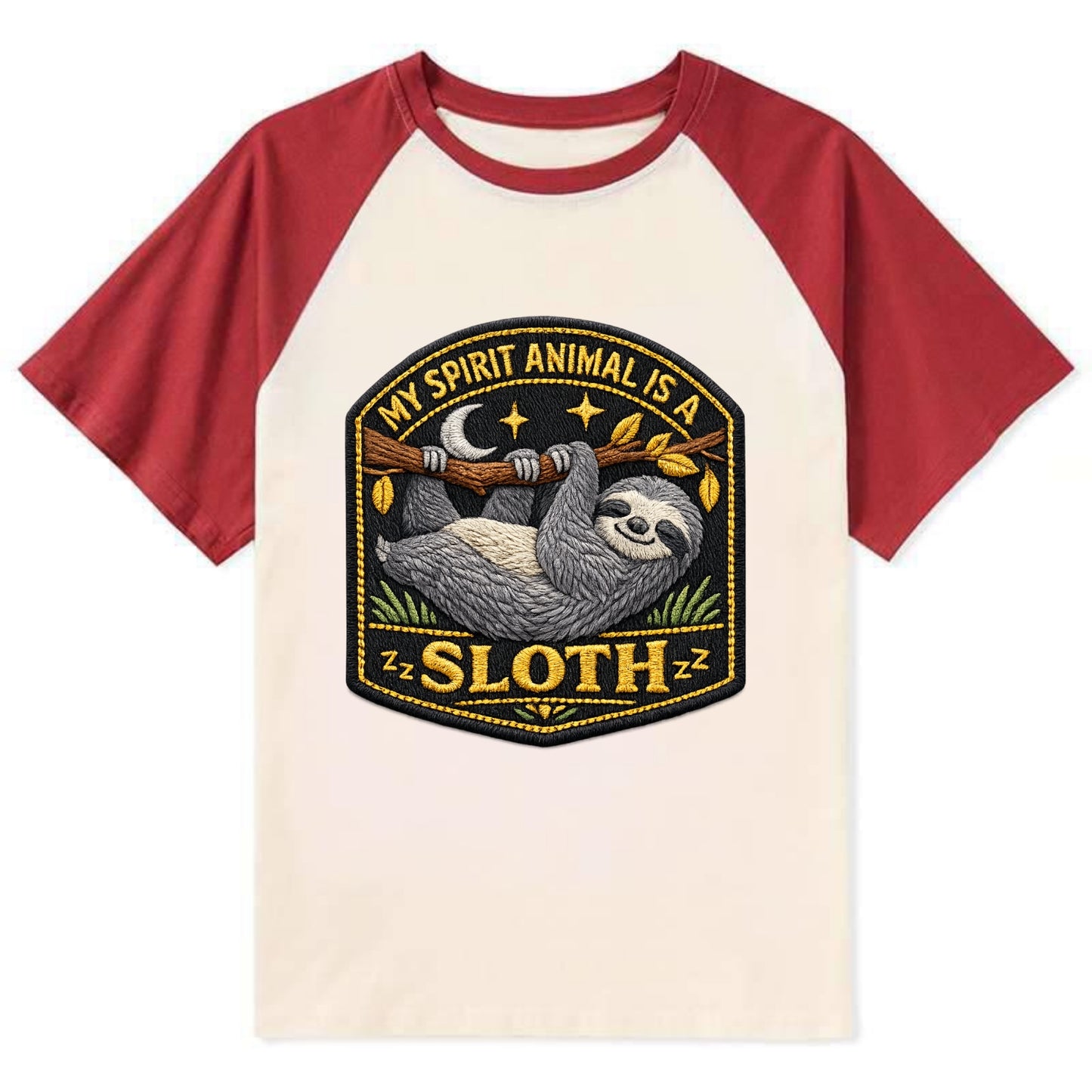 MY SPIRIT ANIMAL IS A SLOTH - lazy sloth in gray , slow life - Contrast Raglan T-shirt - Red