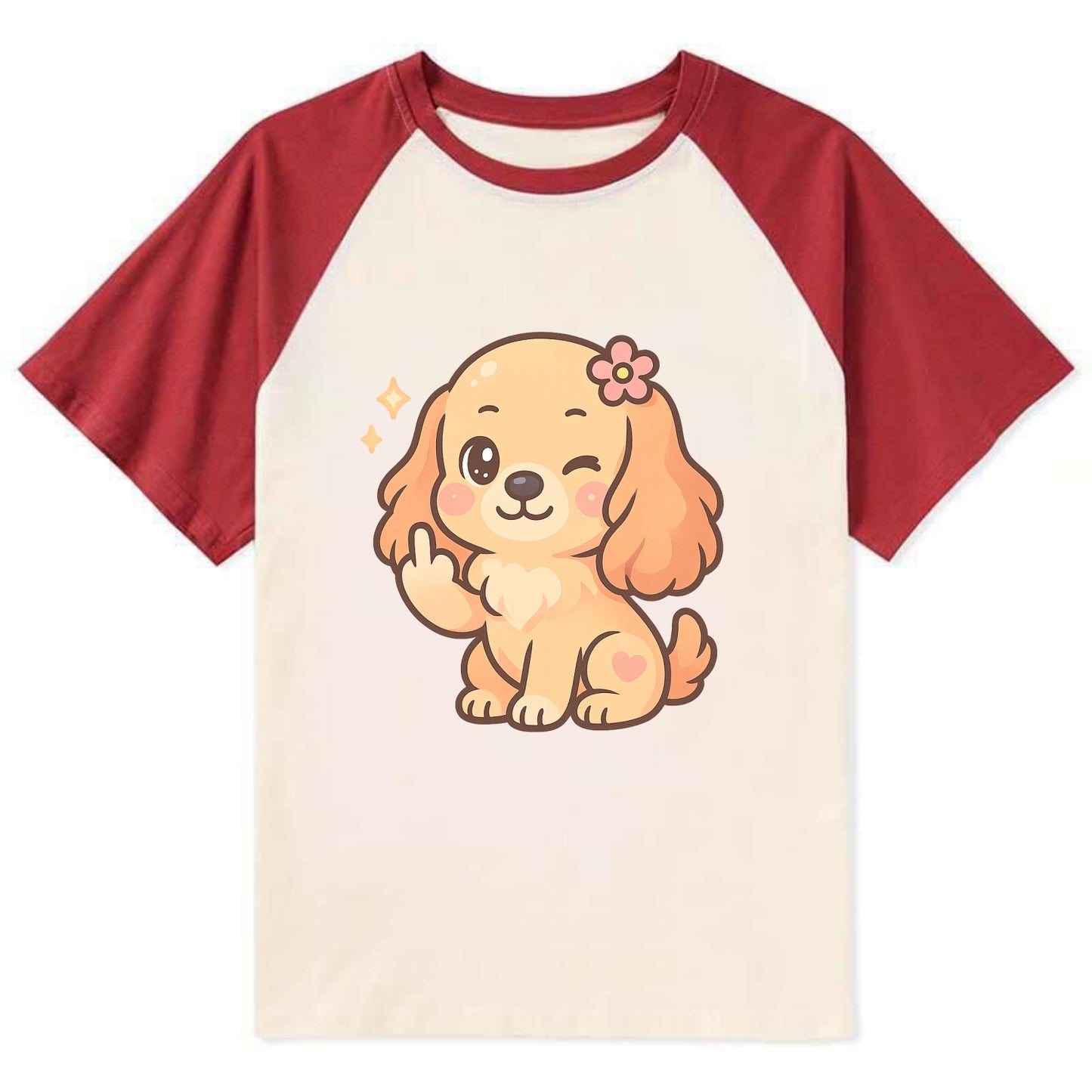 Cocker Spaniel with long wavy ears, gentle face, paw flipping off - Contrast Raglan T-shirt - Red