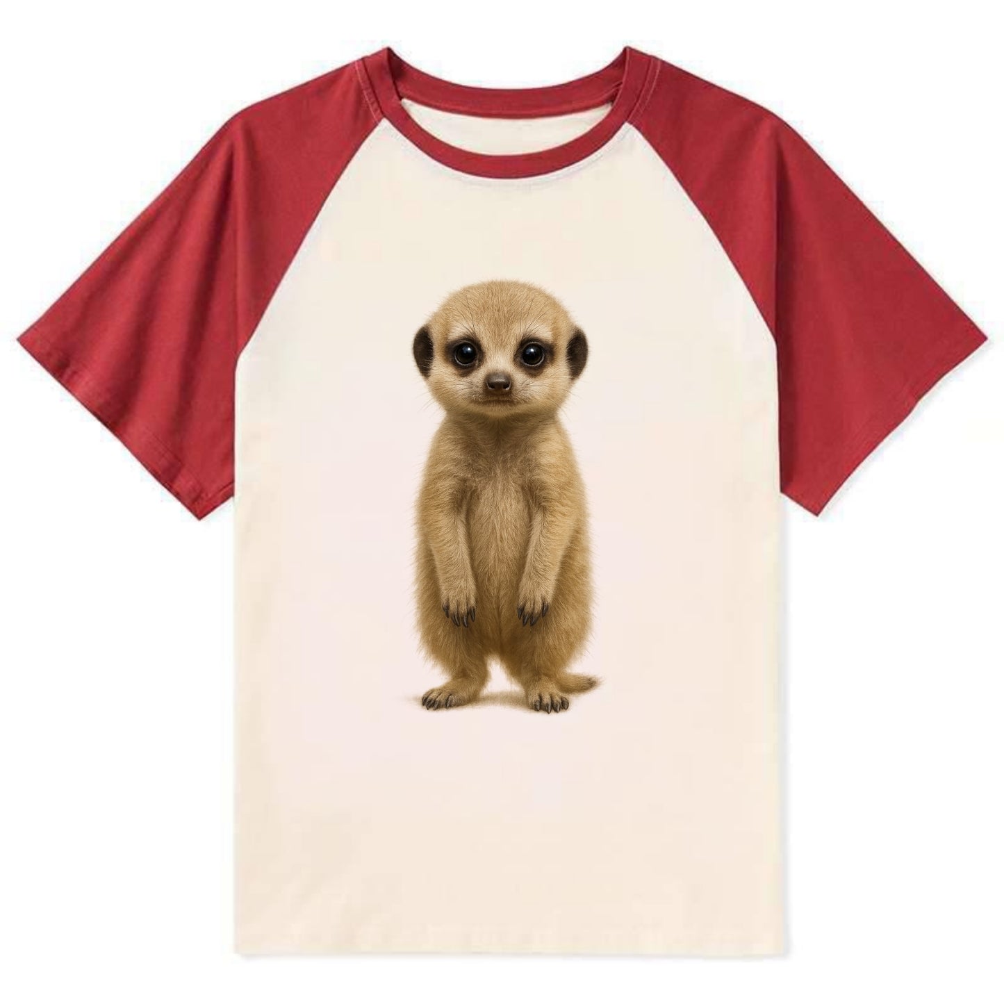 Baby Meerkat - tan fur, dark eye patches, alert stance, bright eyes, - Contrast Raglan T-shirt - Red