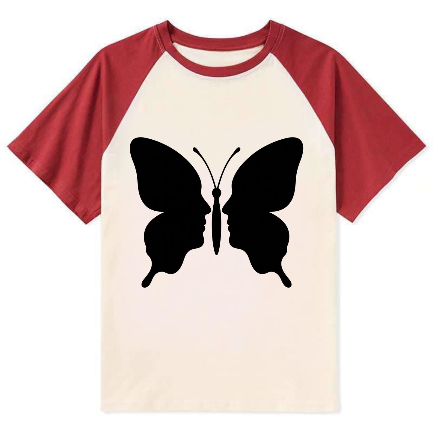 Butterfly wings - negative space reveals hidden faces or patterns - Contrast Raglan T-shirt - Red