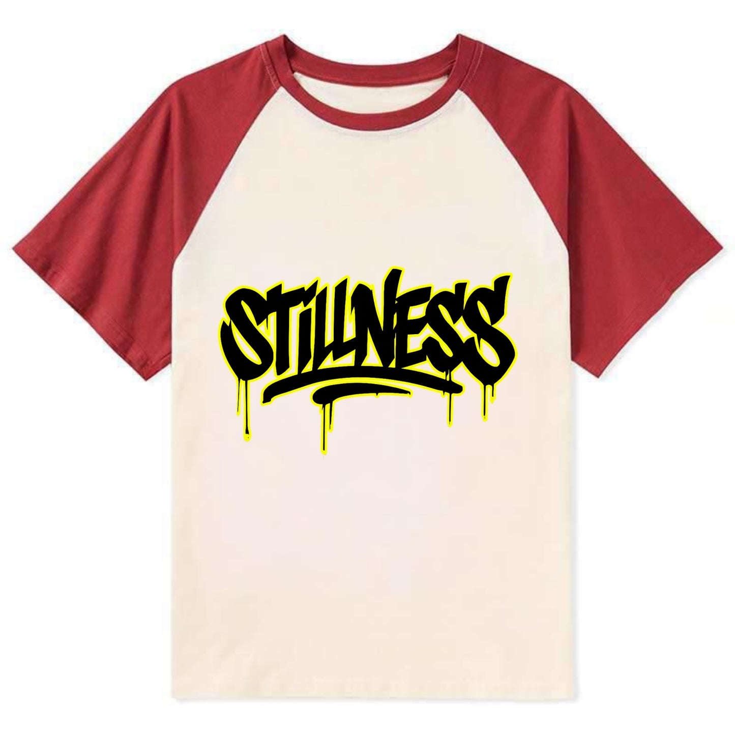 Bold typography design - "STILLNESS" - quiet power, peaceful presence - Contrast Raglan T-shirt - Red
