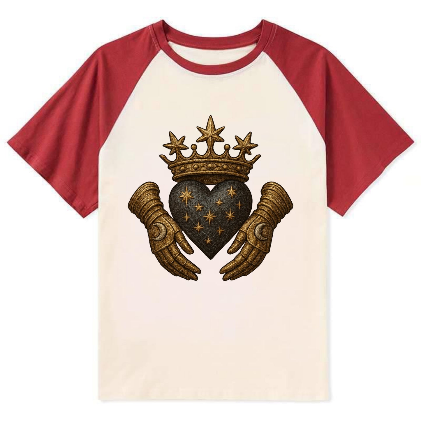 Ice crystal crown framing a frosted heart with fur-trimmed winter hands - Contrast Raglan T-shirt - Red