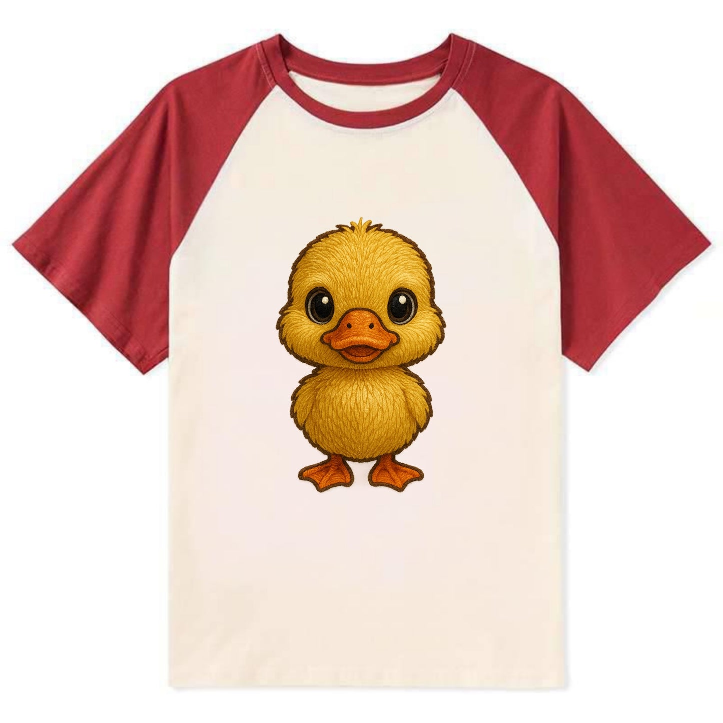 Baby Duck Duckling - yellow fluffy, orange beak, bright eyes, - Contrast Raglan T-shirt - Red