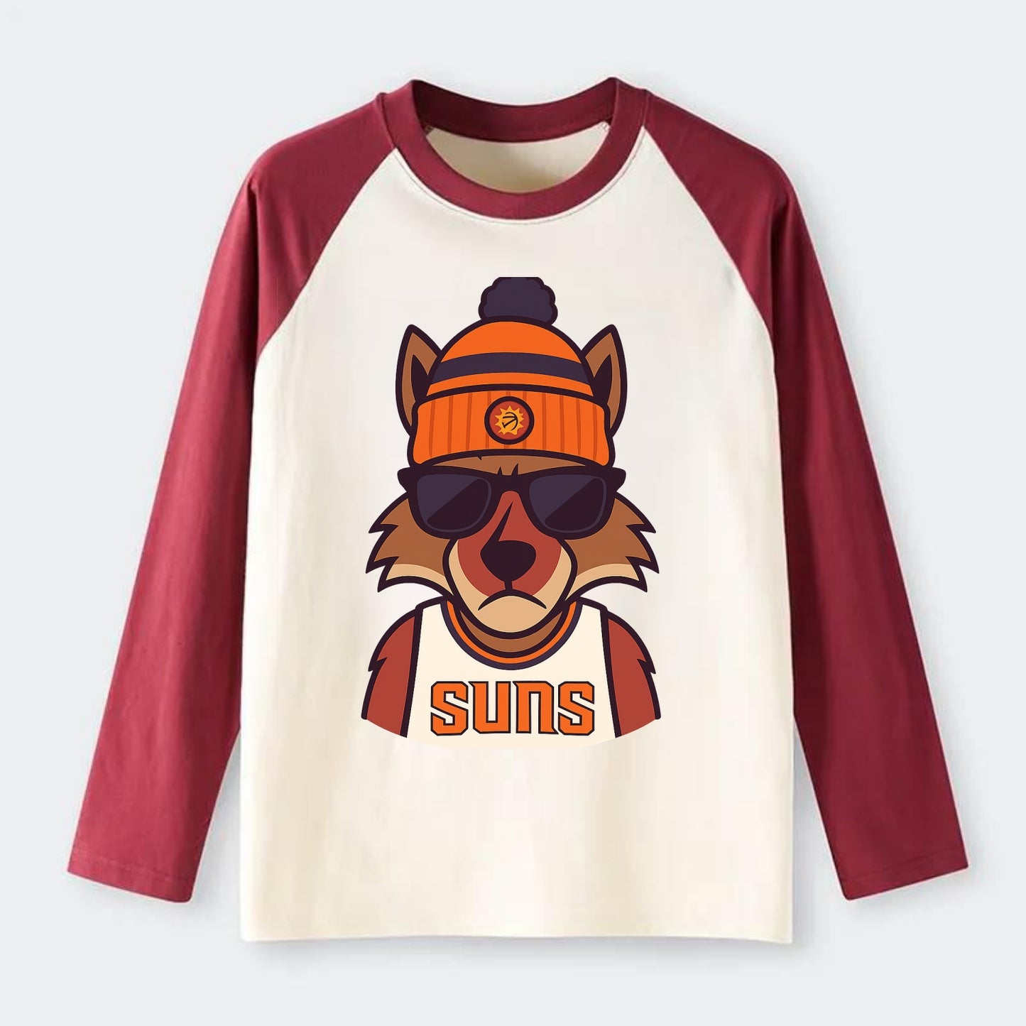Arizona Coyote wearing Suns beanie with desert sun patch and wayfarer - Raglan Long Sleeve T-Shirt - Red