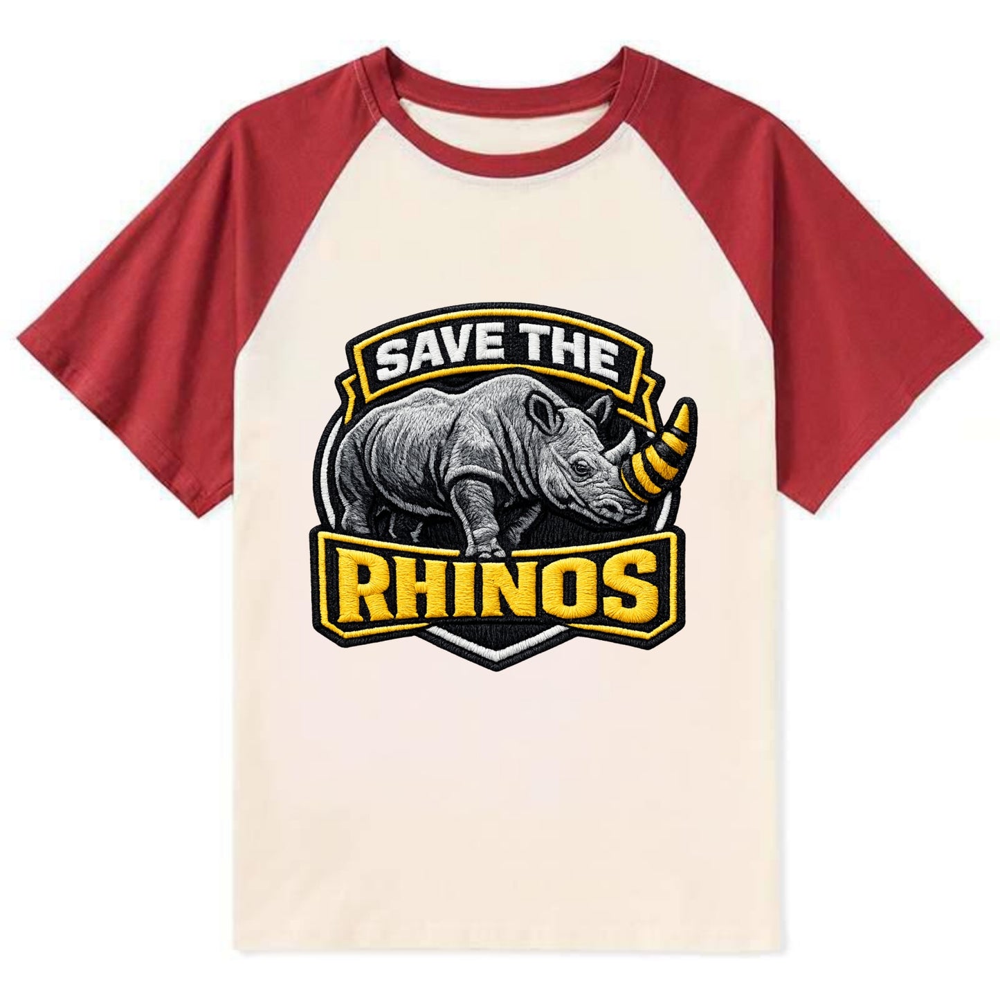 SAVE THE RHINOS - rhino silhouette in gray , horn protection - Contrast Raglan T-shirt - Red