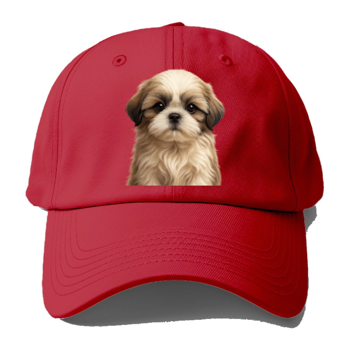 Baby Shih Tzu Puppy - long flowing coat, flat face, big dark eyes, front-facing, - Baseball Cap - Red