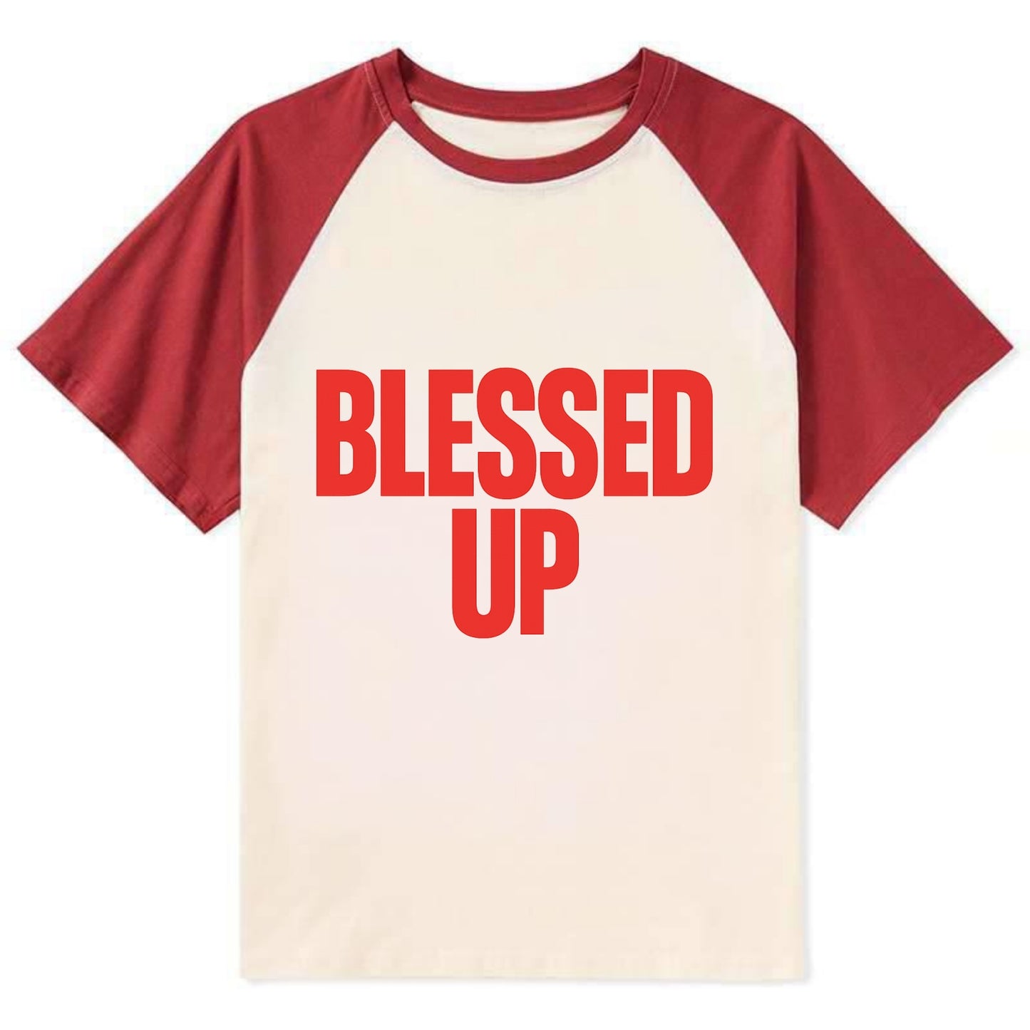 Bold typography design - "BLESSED UP" - recognizing fortune - Contrast Raglan T-shirt - Red