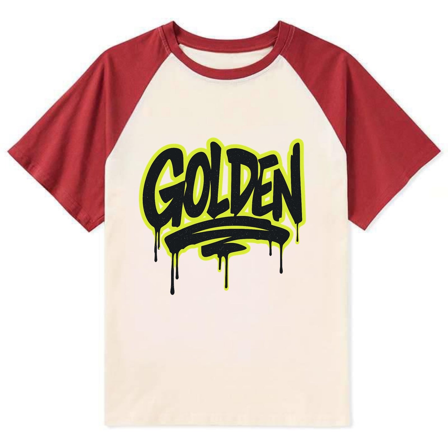 Bold typography design - "GOLDEN" - precious, valuable, excellent - Contrast Raglan T-shirt - Red