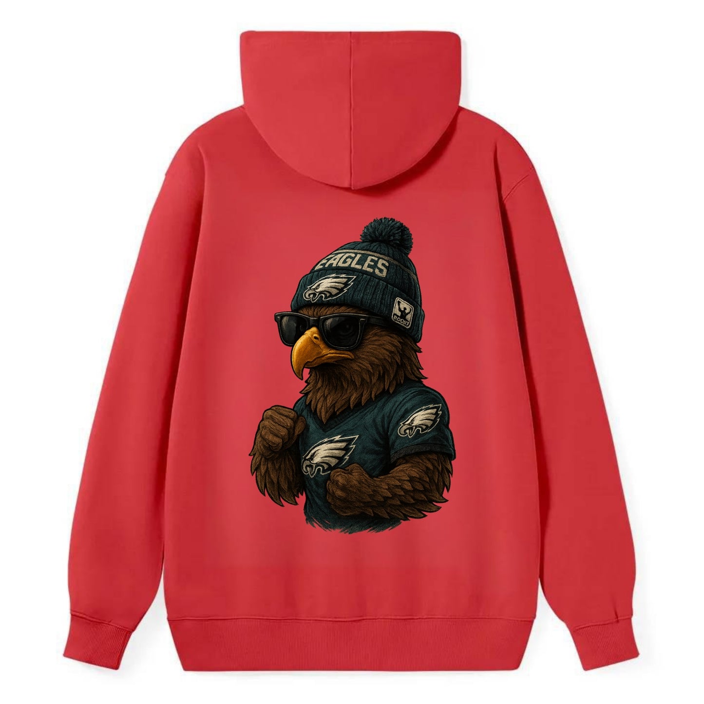 Philly Hawk wearing Eagles beanie with Rocky patch and wayfarer sunglasses - Classic Pullover Hoodie - Red