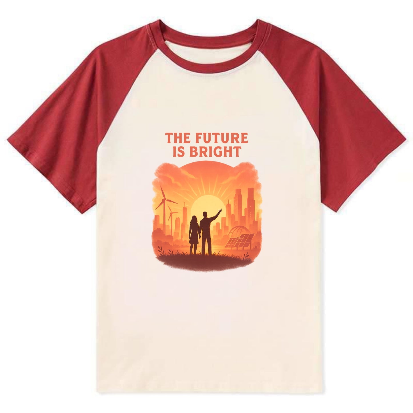 Sunrise over thriving sustainable city - "The Future is Bright" - - Contrast Raglan T-shirt - Red