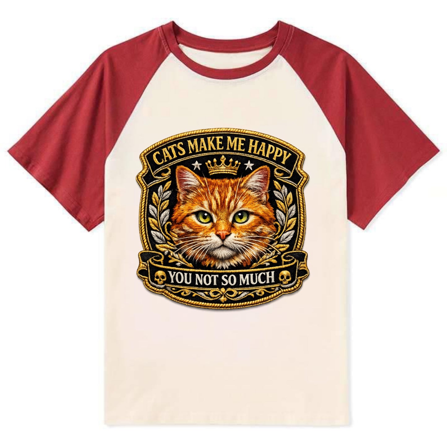 CATS MAKE ME HAPPY YOU NOT SO MUCH - cat face in orange , cat preference - Contrast Raglan T-shirt - Red