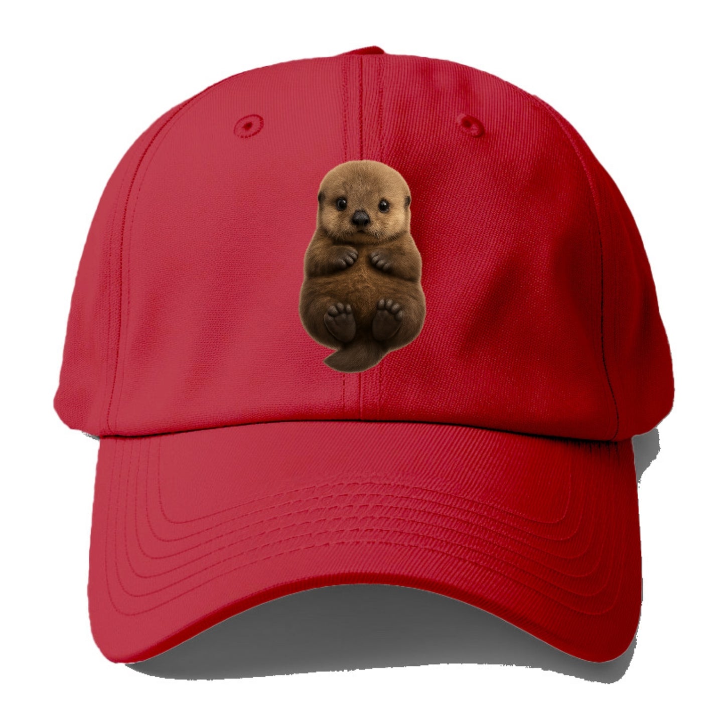 Baby Sea Otter - brown fluffy, floating on back, tiny paws, bright eyes, - Baseball Cap - Red
