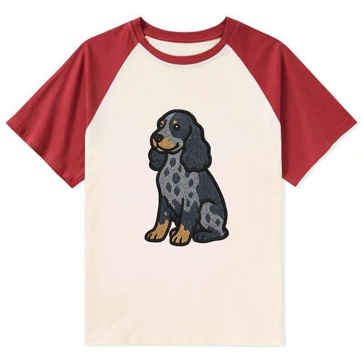 English Cocker Spaniel - Blue roan embroidered sitting pose - Contrast Raglan T-shirt - Red