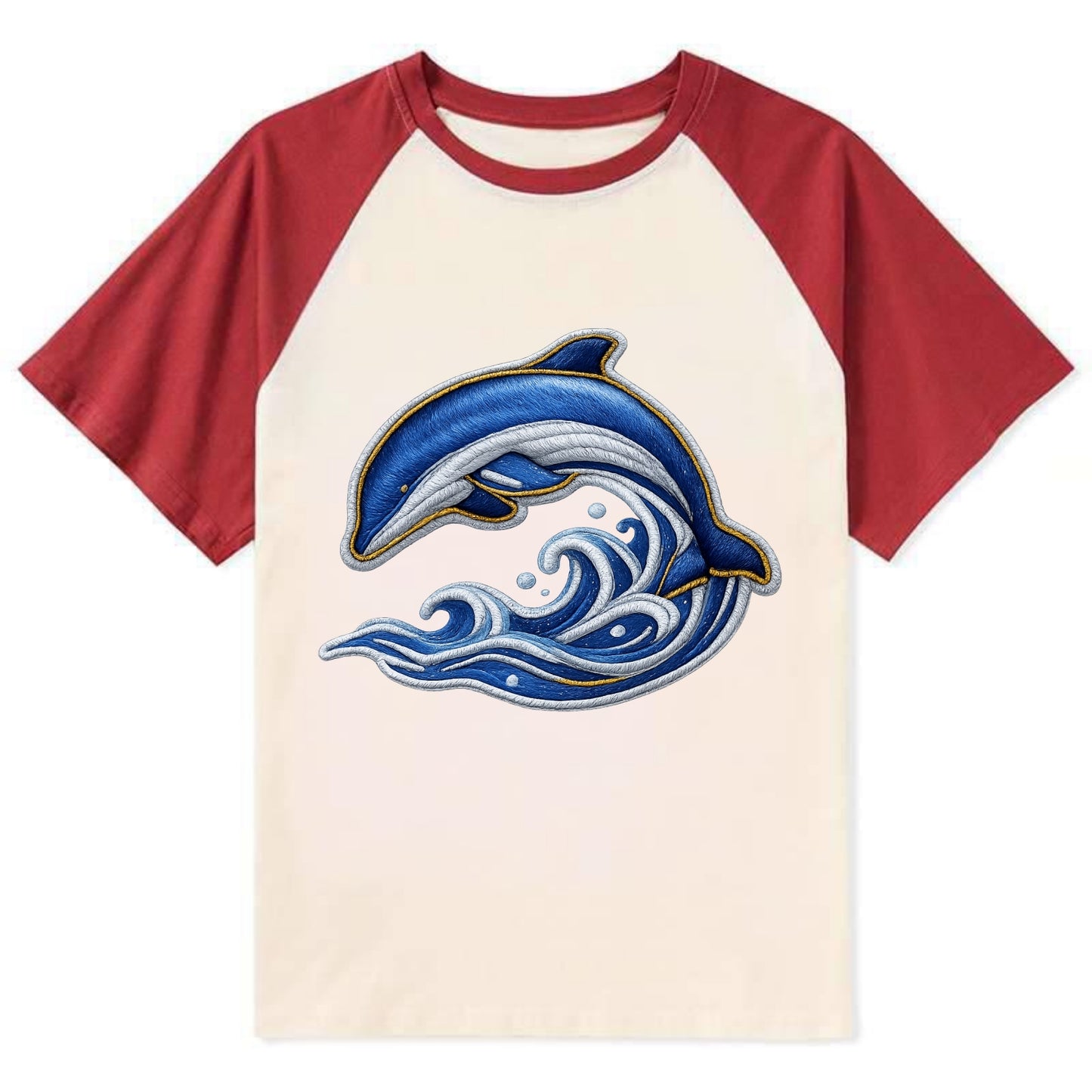 Embroidered patch design - SWIMMING DOLPHIN - diving dolphin with waves - Contrast Raglan T-shirt - Red