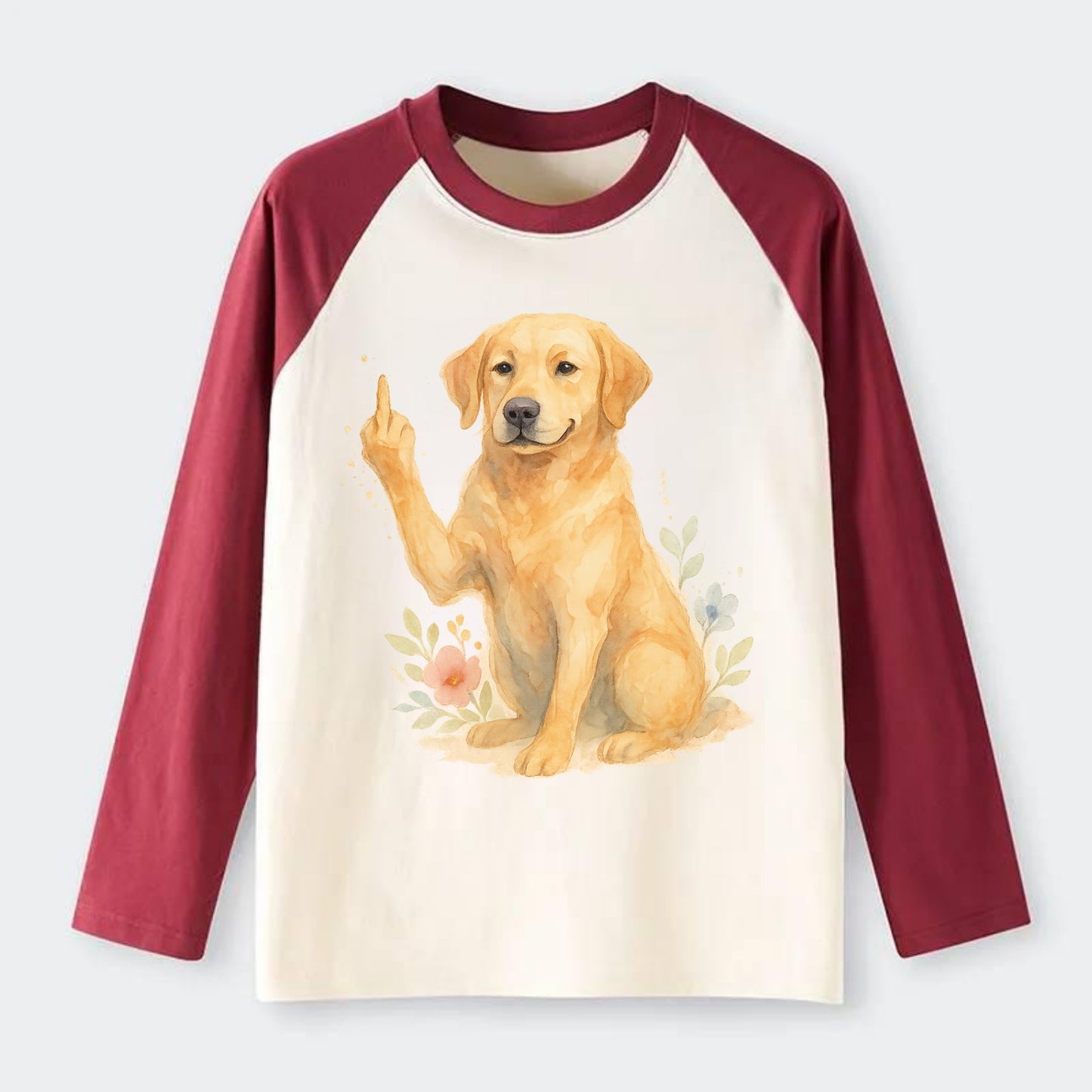 Labrador Retriever yellow sitting pretty, friendly face, strong paw up - Raglan Long Sleeve T-Shirt - Red
