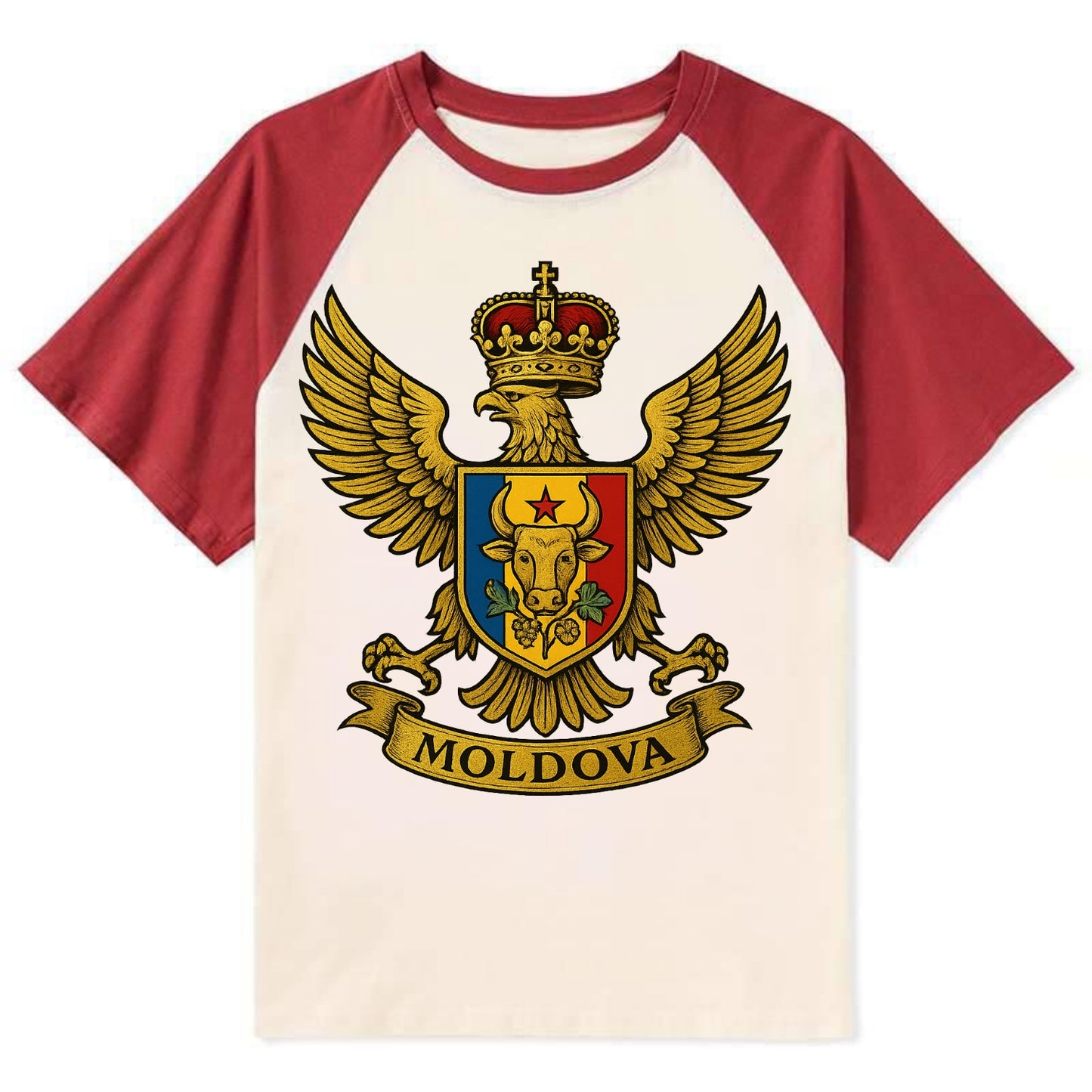 Moldova Heritage Badge - Contrast Raglan T-shirt - Red