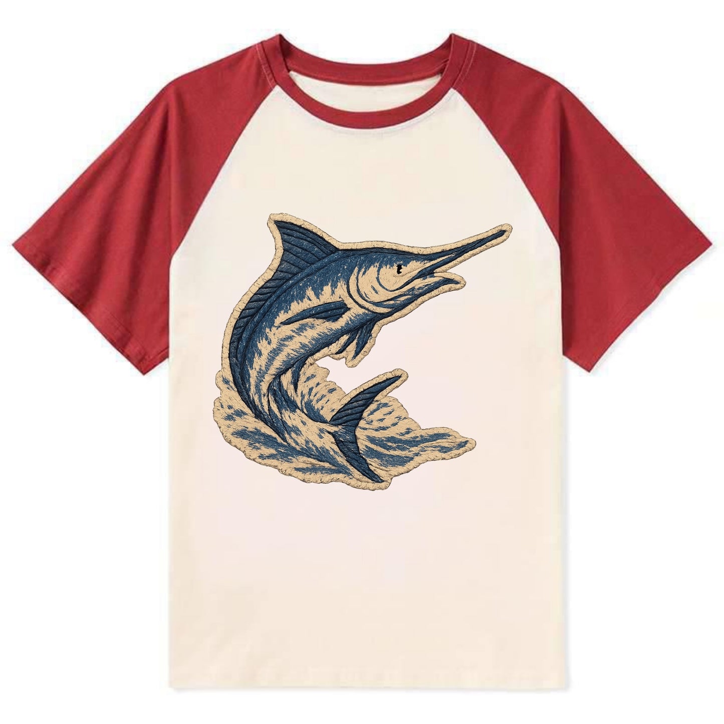 SWORDFISH MARLIN - leaping marlin in blue and silver , sport fishing - Contrast Raglan T-shirt - Red