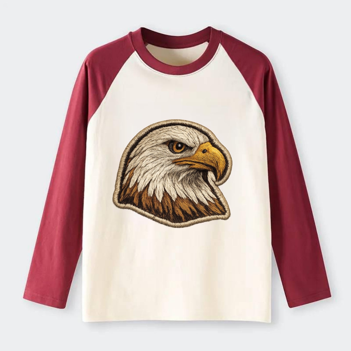 EAGLE HEAD PROFILE - majestic bald eagle in brown, white and gold , - Raglan Long Sleeve T-Shirt - Red