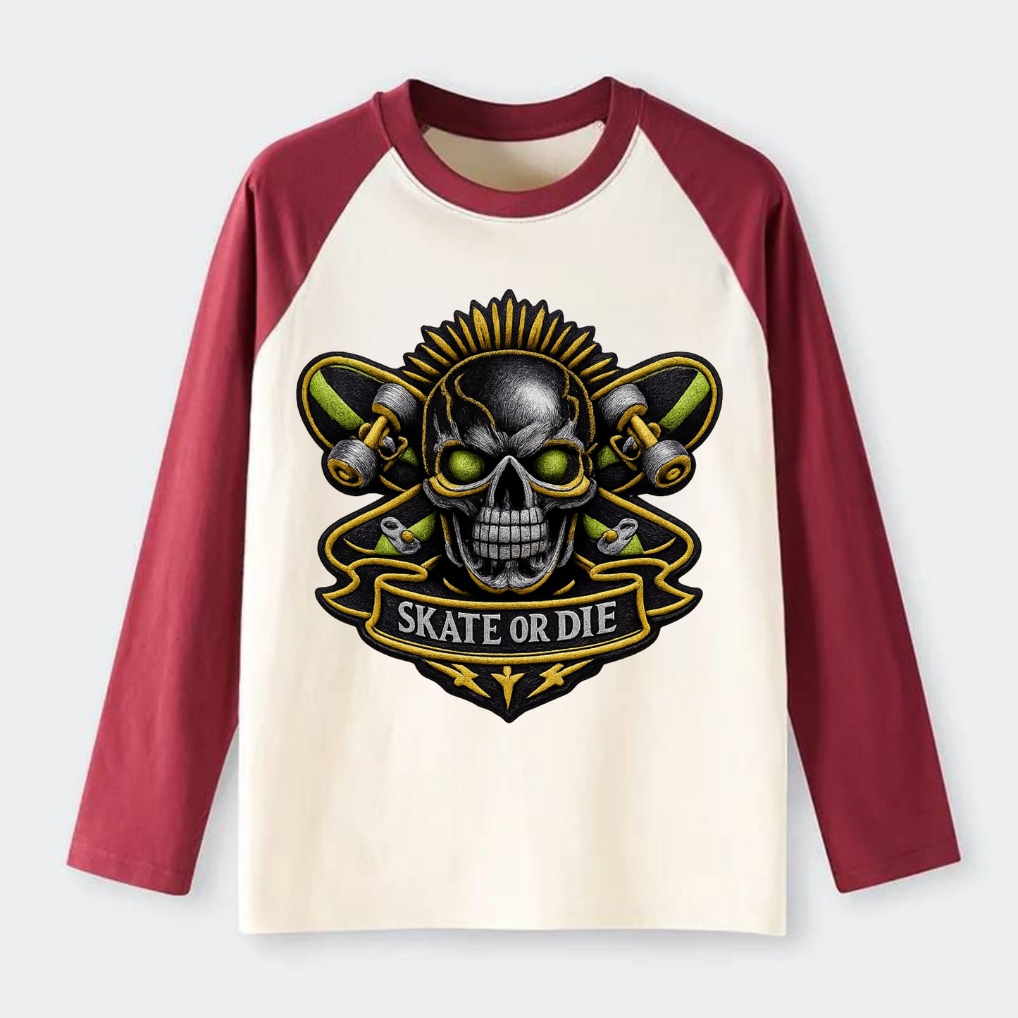 SKATEBOARD SKULL - skull with skateboard in black and neon green , - Raglan Long Sleeve T-Shirt - Red