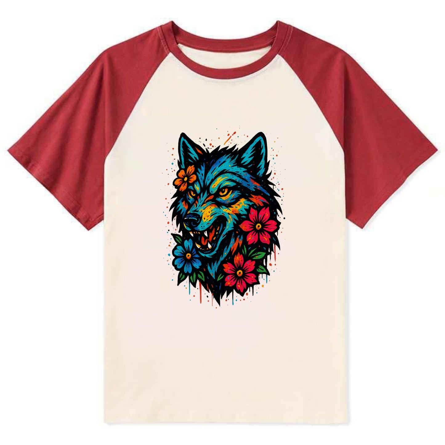 Floral Wolf Garden - Contrast Raglan T-shirt - Red
