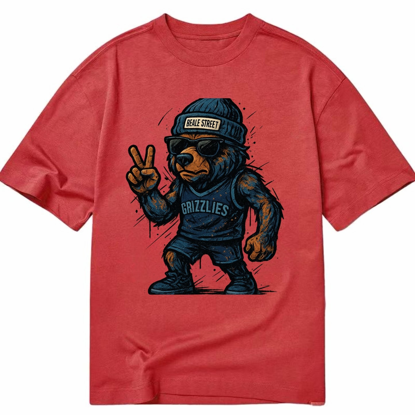 Memphis Grizzly Bear wearing Grizzlies navy and light blue beanie with Beale - Classic T-shirt - Red