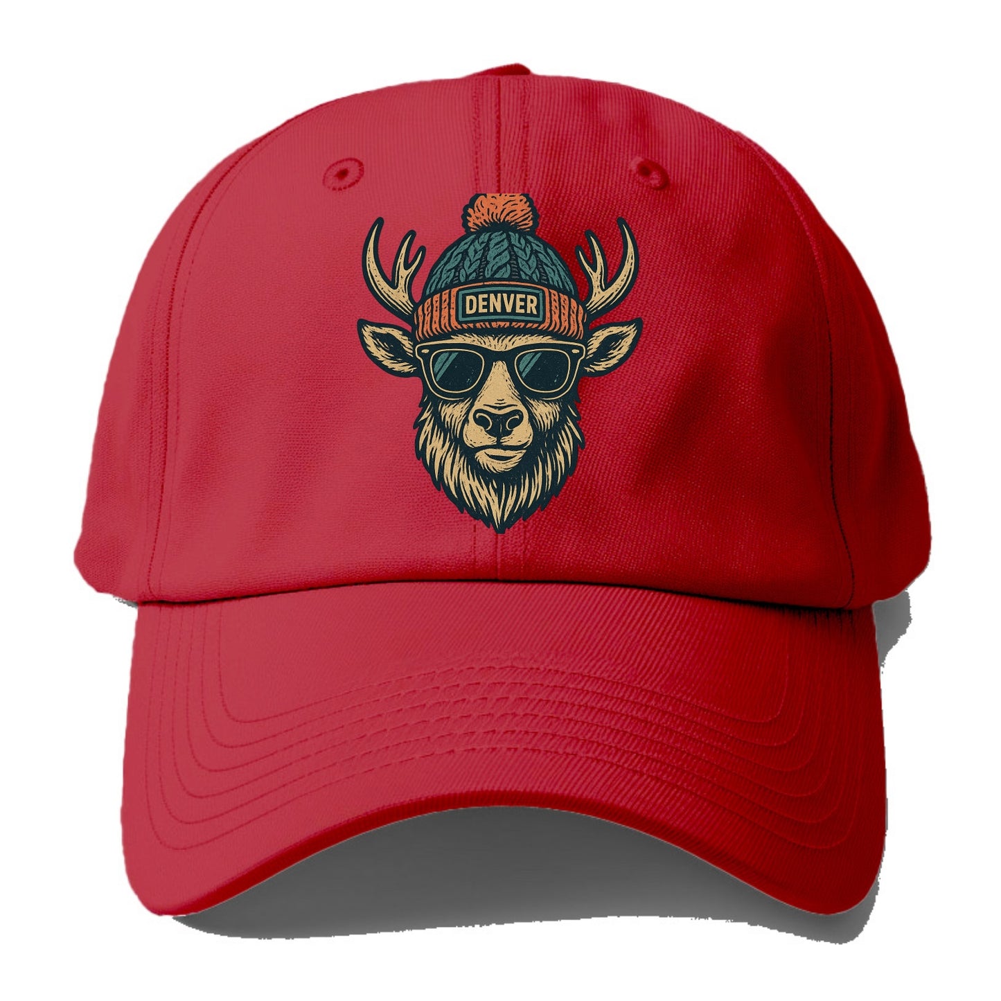 Denver Elk wearing Denver beanie with pom pom and wayfarer sunglasses - Baseball Cap - Red