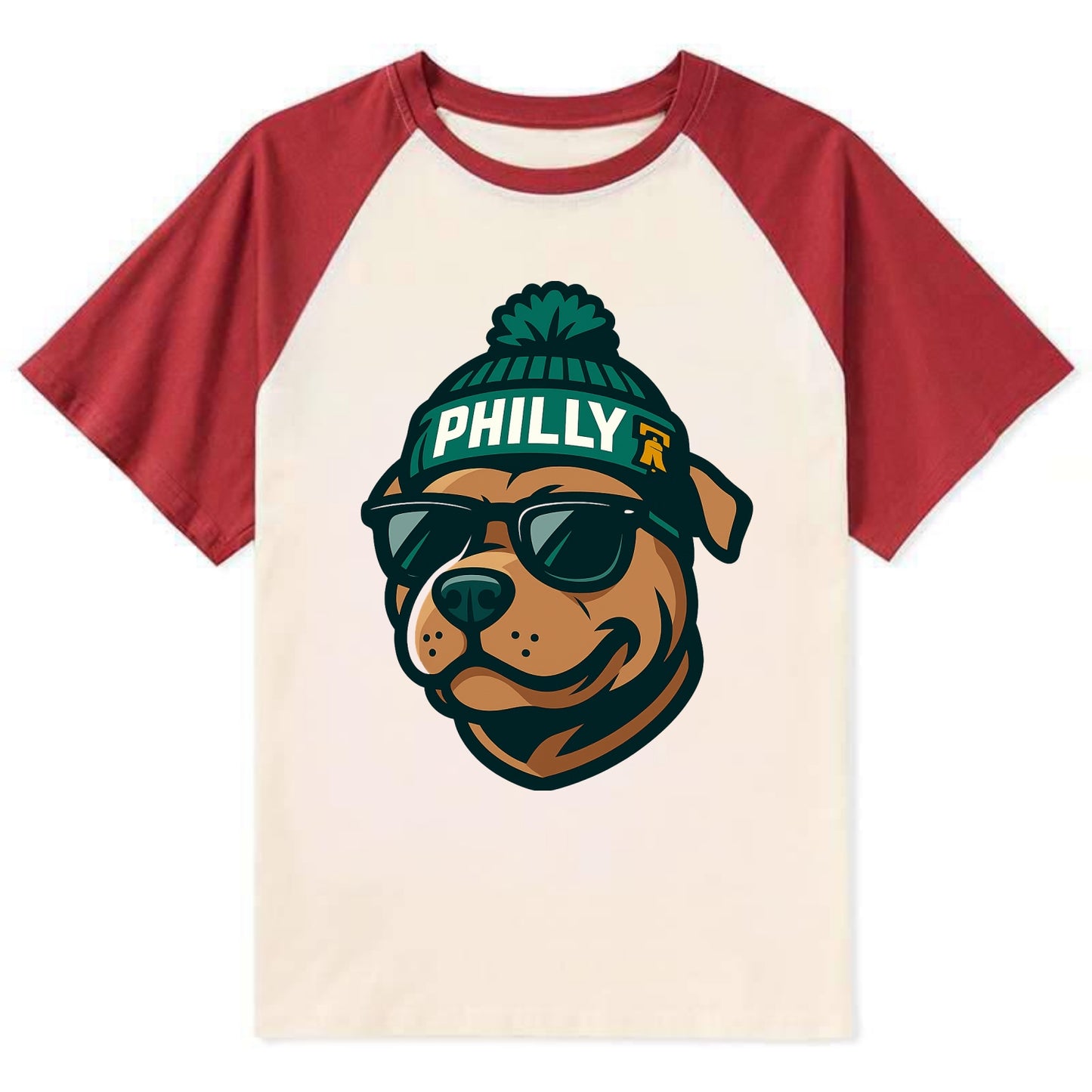 Philly Pitbull wearing Eagles beanie with Liberty Bell patch and wayfarer - Contrast Raglan T-shirt - Red