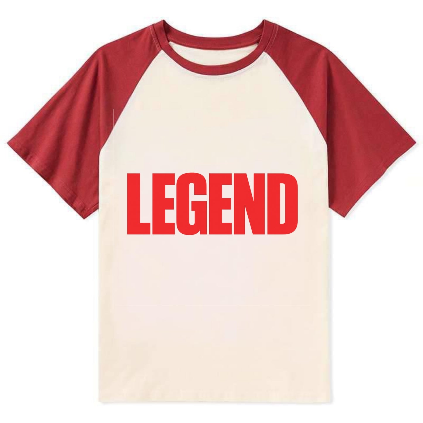 Bold typography design - "LEGEND" - remarkable person, iconic status - Contrast Raglan T-shirt - Red