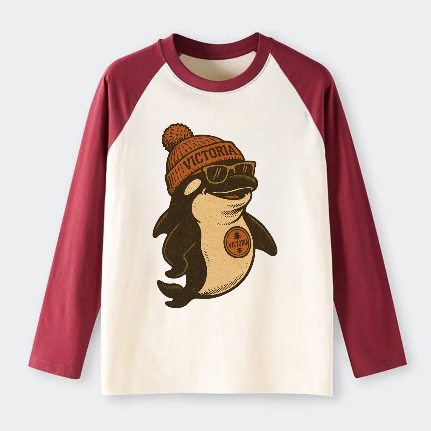 Victoria Orca wearing Victoria beanie with pom pom and wayfarer - Raglan Long Sleeve T-Shirt - Red