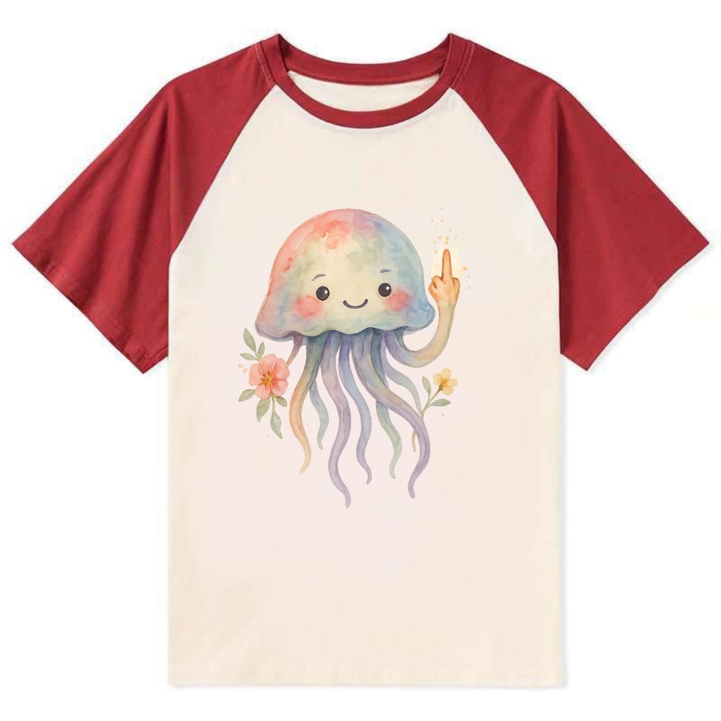 jellyfish with kawaii face and tentacles, one tentacle pointing up - Contrast Raglan T-shirt - Red
