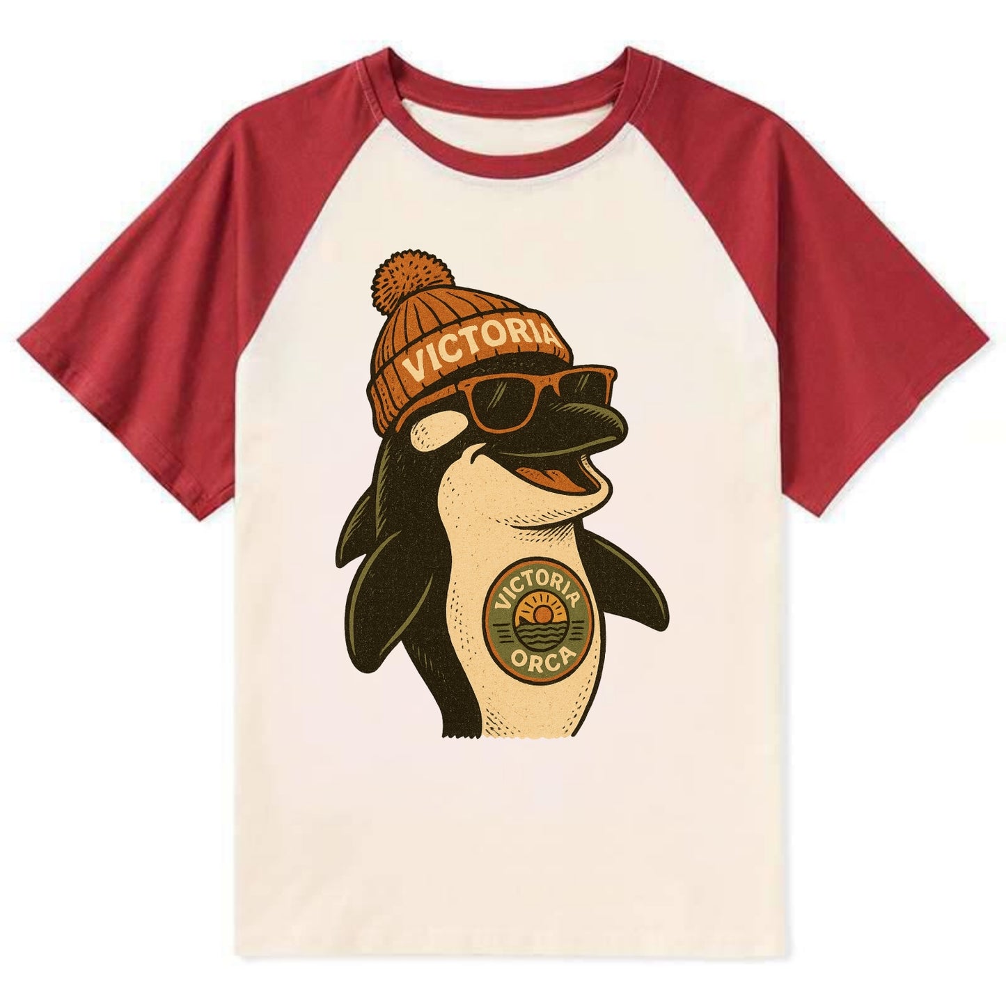 Victoria Orca wearing Victoria beanie wi - Contrast Raglan T-shirt - Red